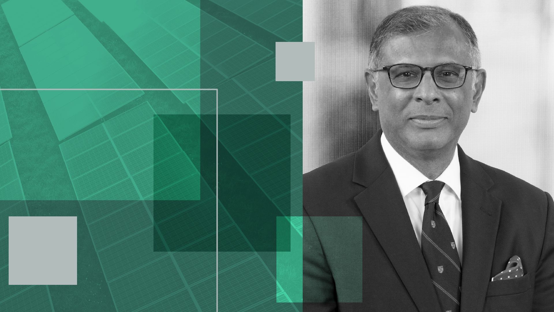 photo illustration of Girish Nadkarni of clean energy ventures surrounded by squares overlaid on solar panels