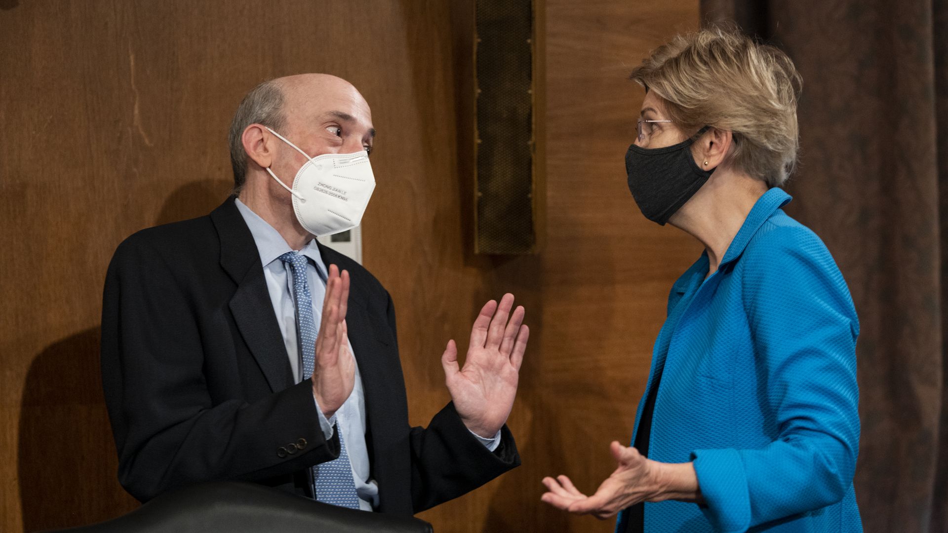 Sen. Elizabeth Warren speaking to Gary Gensler, chairman of the Securities and Exchange Commission, before a Senate hearing in September 2021.