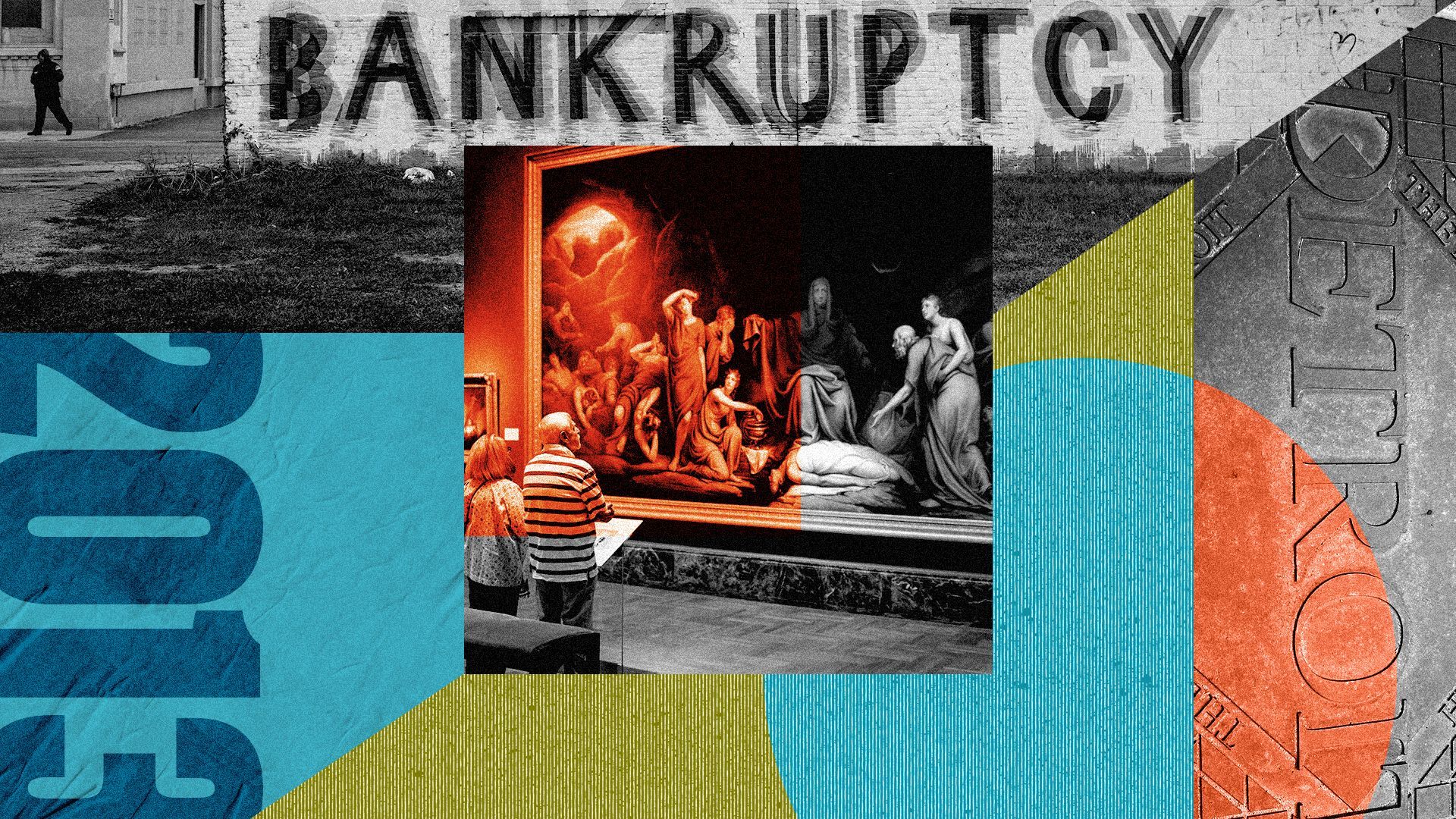 Photo illustration of two people looking at a painting in a museum with "Bankruptcy" graffiti, a Detroit plaque, and "2013" within geometric shapes.