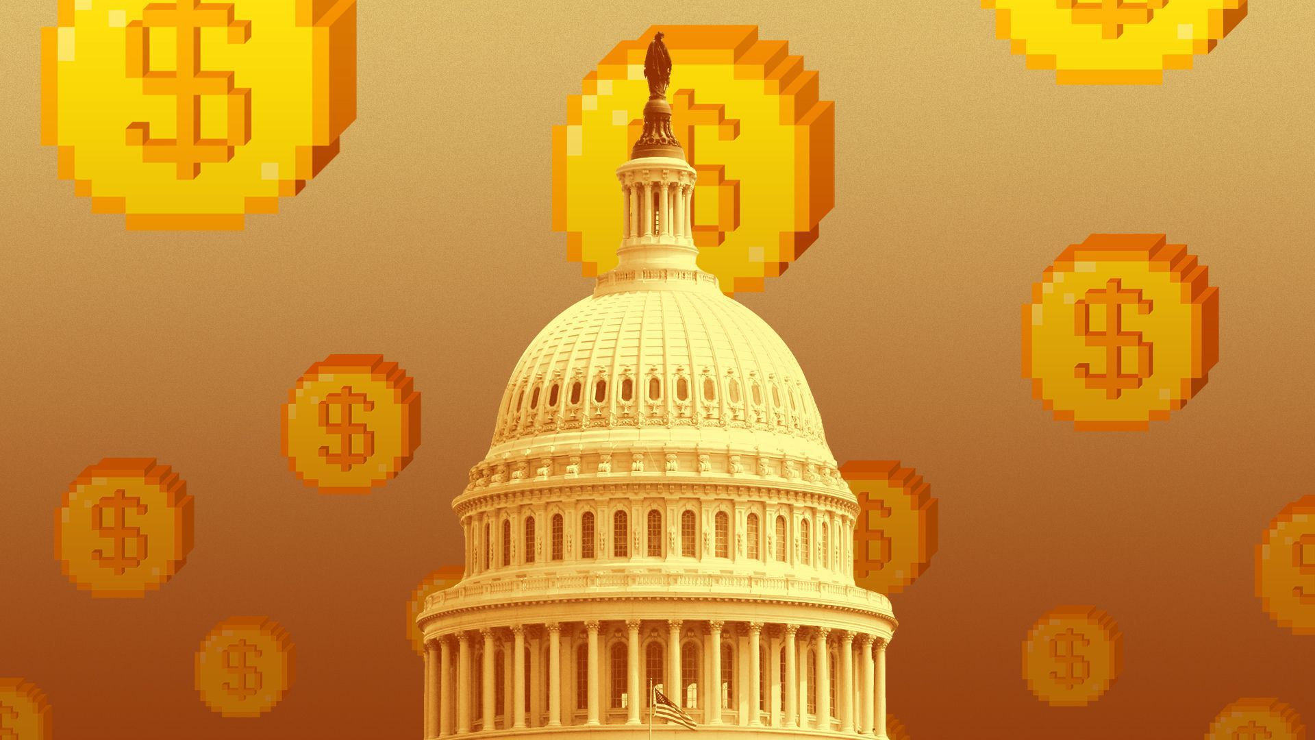Illustration of Congress surrounded by 64-bit coins.