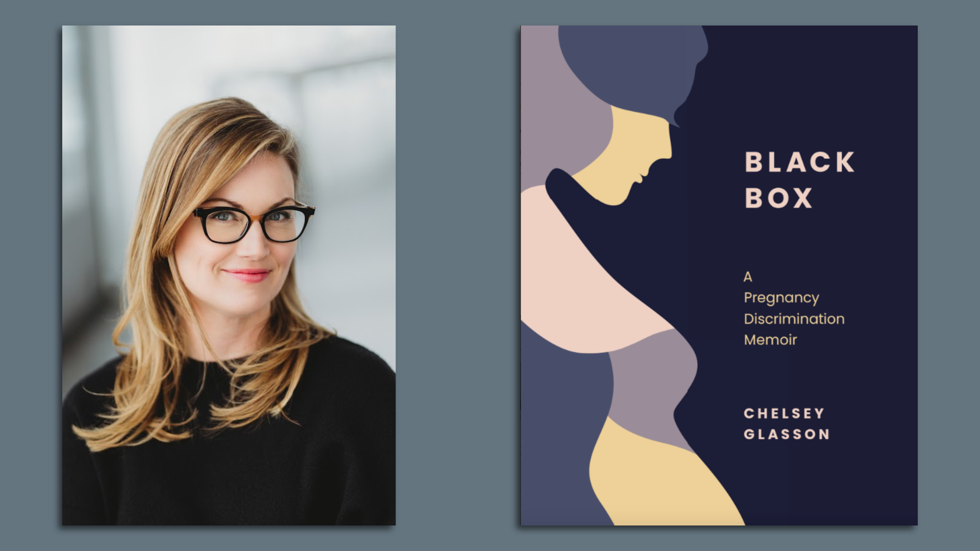 Split screen image of a woman and the cover of a book. 