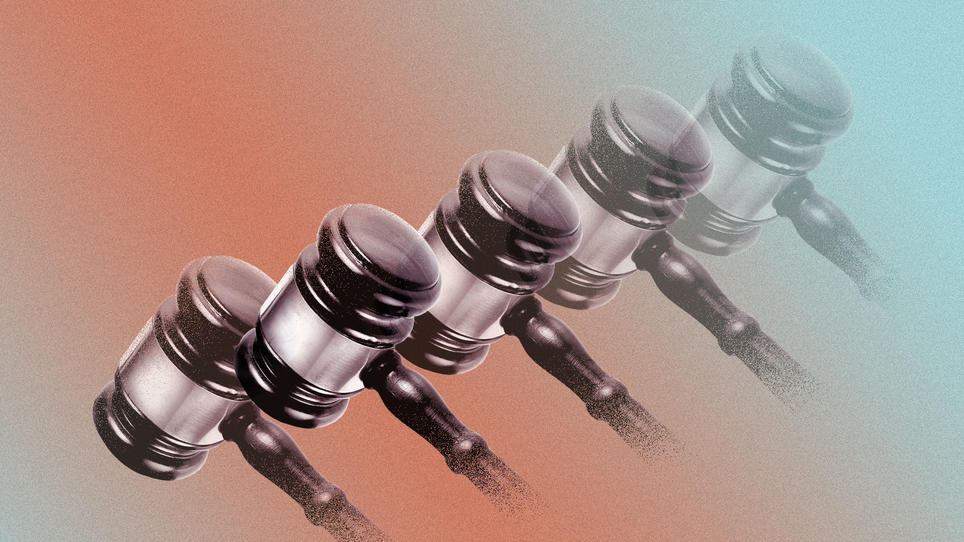 Illustration of a series of gavels, some of them transparent.