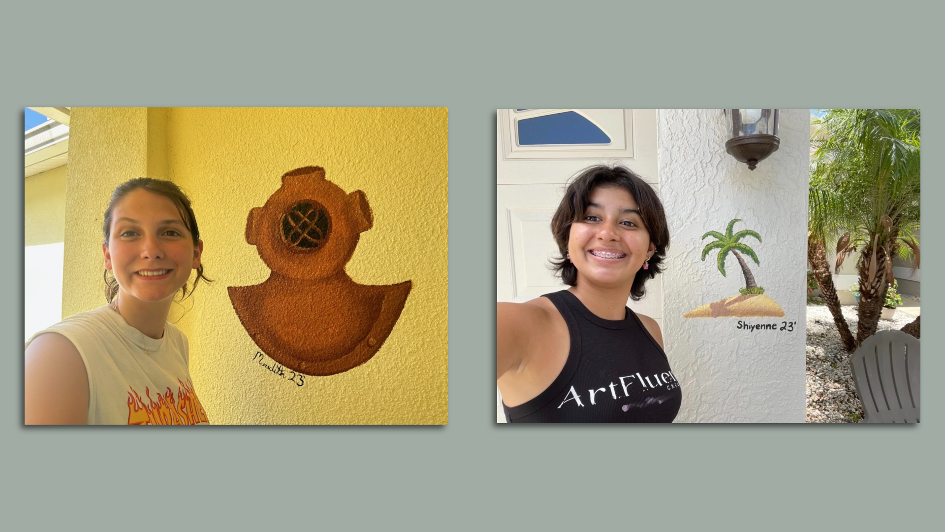 On left, a smiling woman poses with a painting of a bronze sponge-diver helmet. On right, a different smiling woman poses with a palm tree painting.