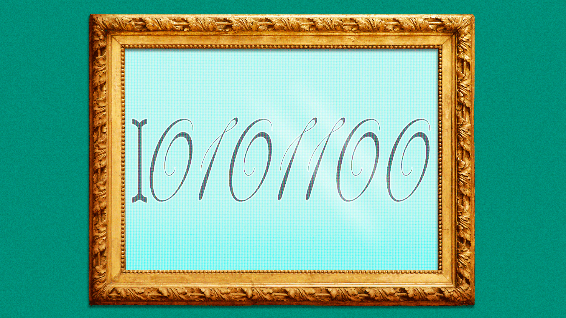 Animated gif of binary code written in script in a gold frame