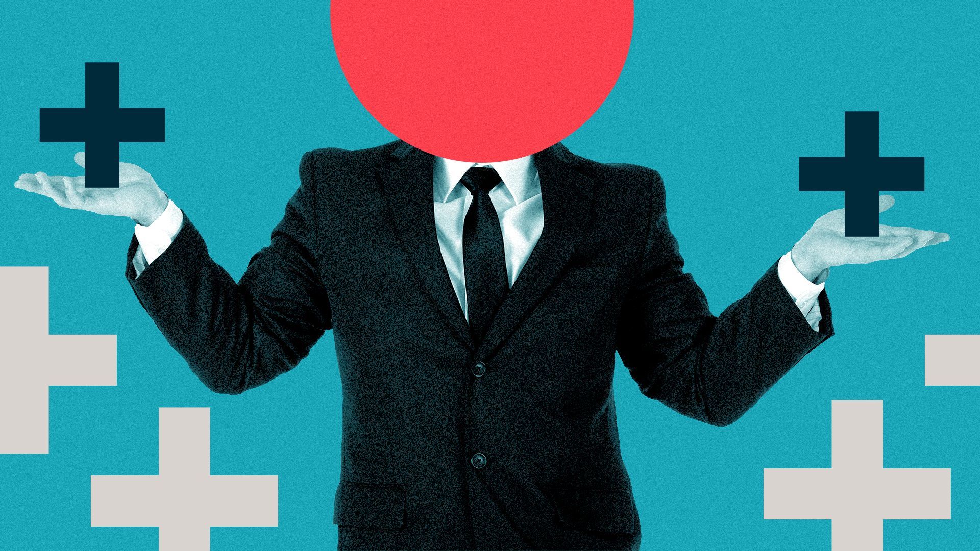 Illustration of person shrugging with abstract shapes.