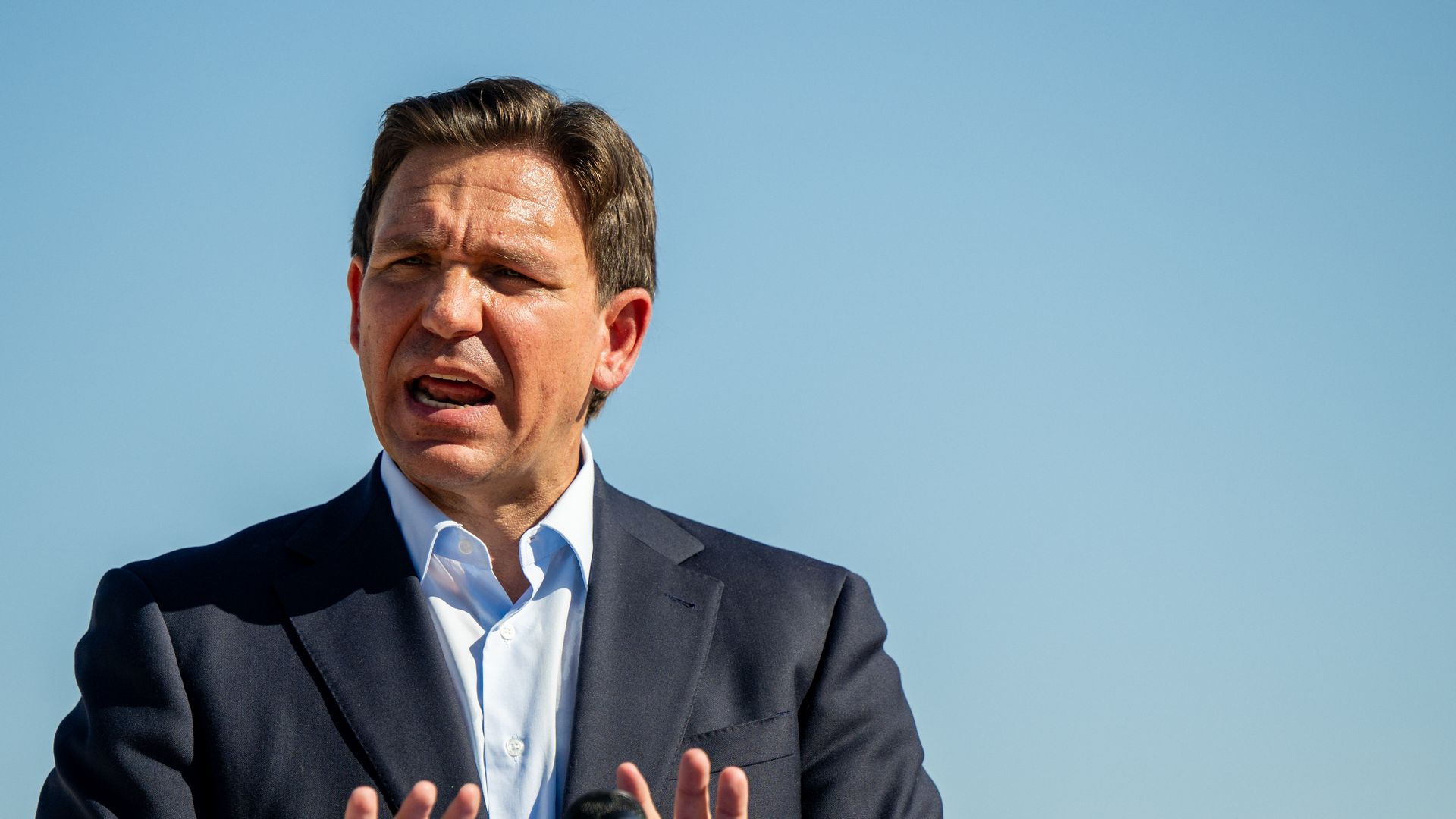 MIDLAND, TEXAS - SEPTEMBER 20: Florida Gov. Ron DeSantis speaks to members of the media and site workers at the Permian Deep Rock Oil Company site during a campaign event on September 20, 2023 in Midland, Texas