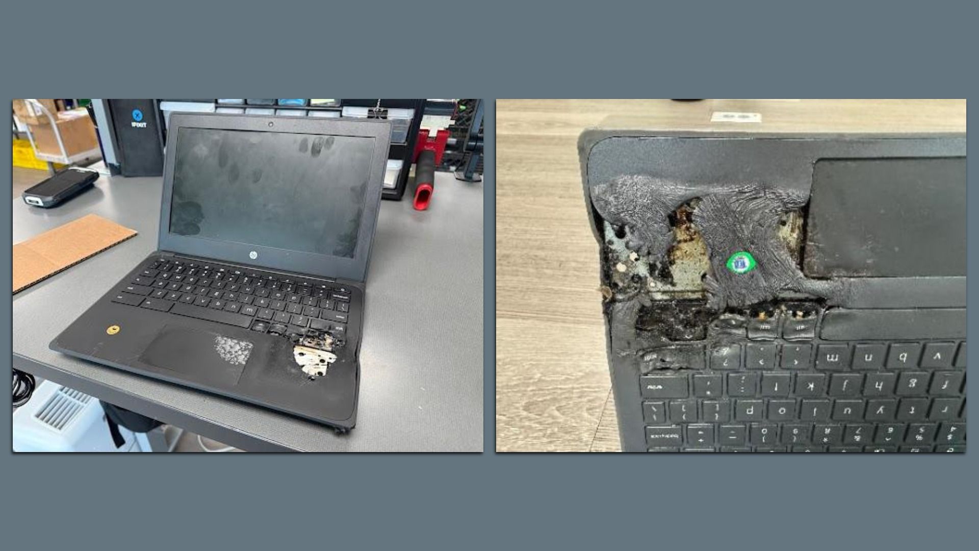 Right: An image of a Chromebook with scorch marks on its right side. Left: A close up of burn damage to the right side of a Chromebook.