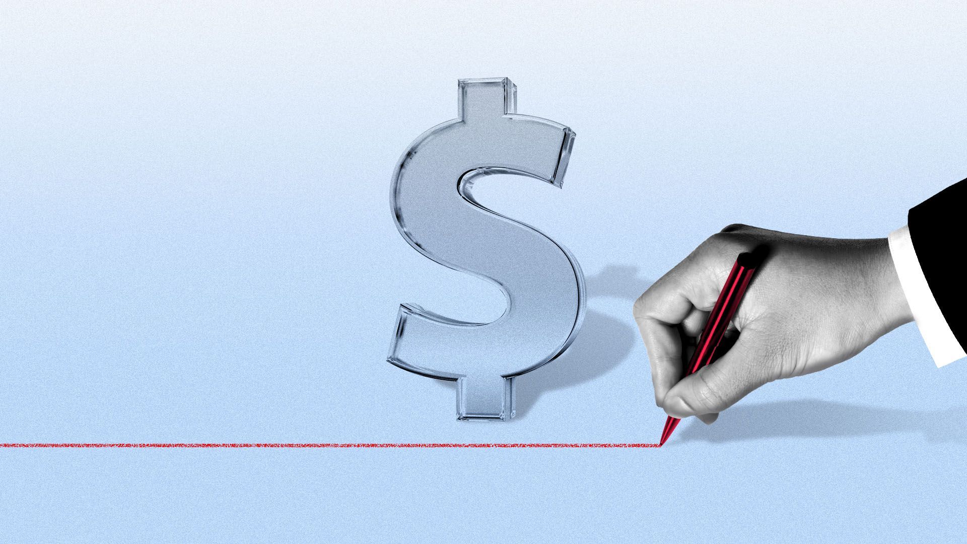 Illustration of a hand in a business suit drawing a red line in front of a dollar sign
