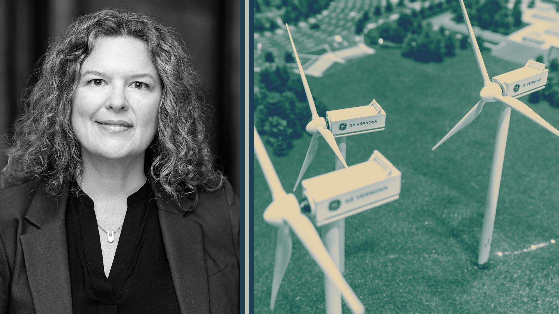 Photo illustration of Kristin Carvell next to a model of GE Vernova wind turbines.