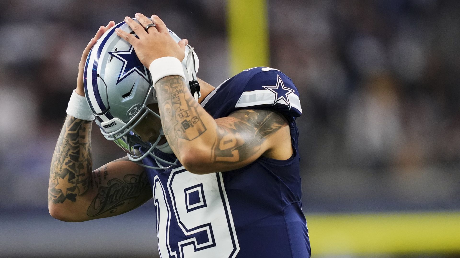 Trey Lance #19 of the Dallas Cowboys reacts after a play against the Washington Commanders 