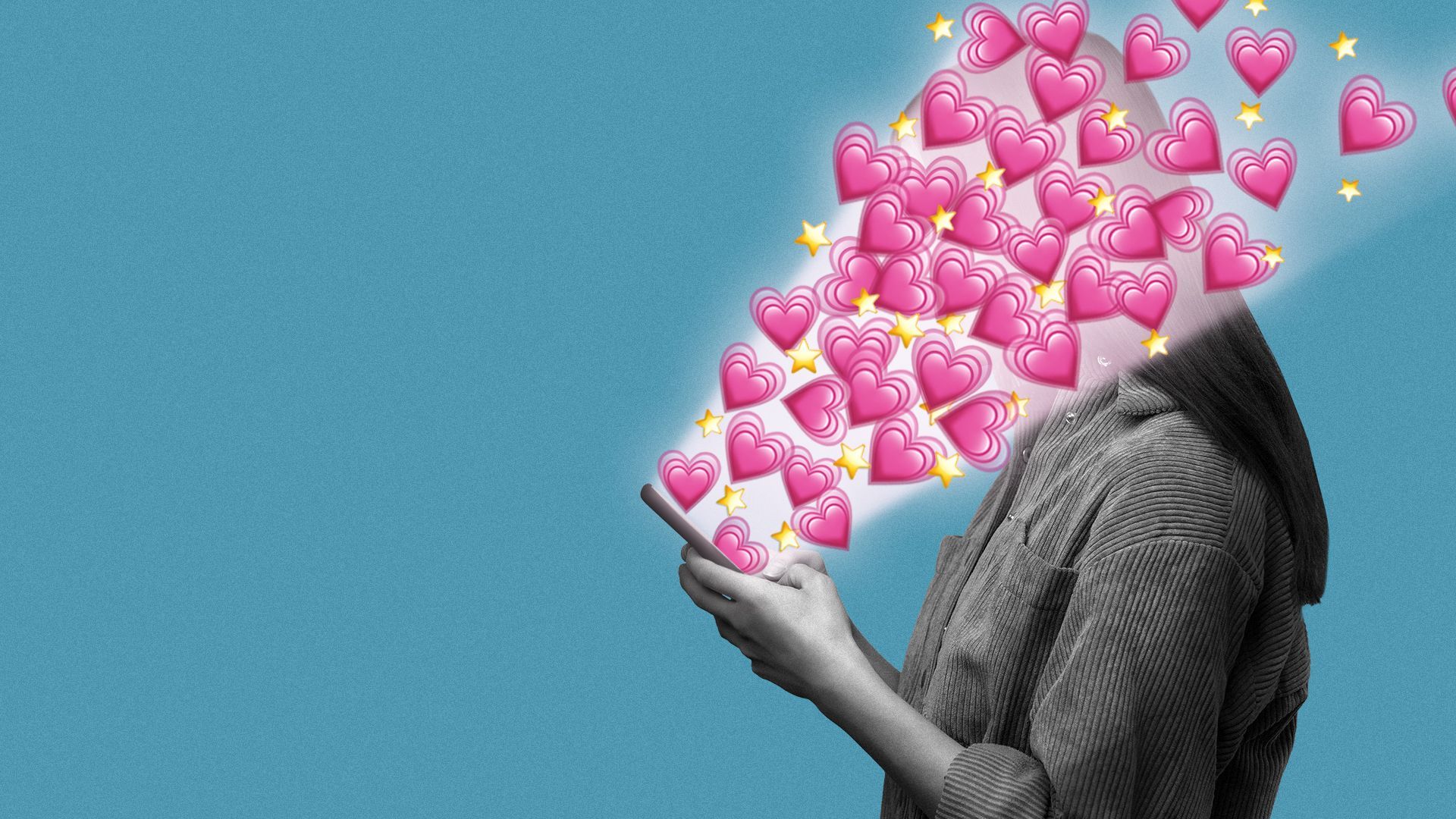 Illustration of a flood of hearts and stars coming out of a cell phone and covering a woman's face.