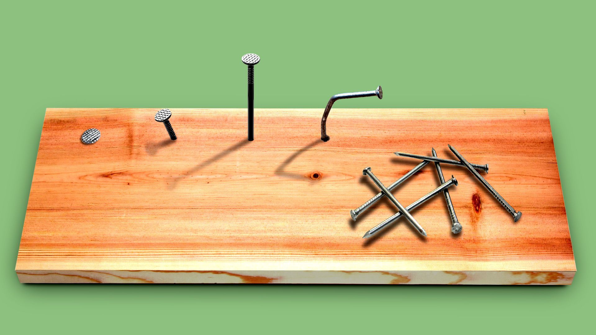 Illustration of bent nails in a board.