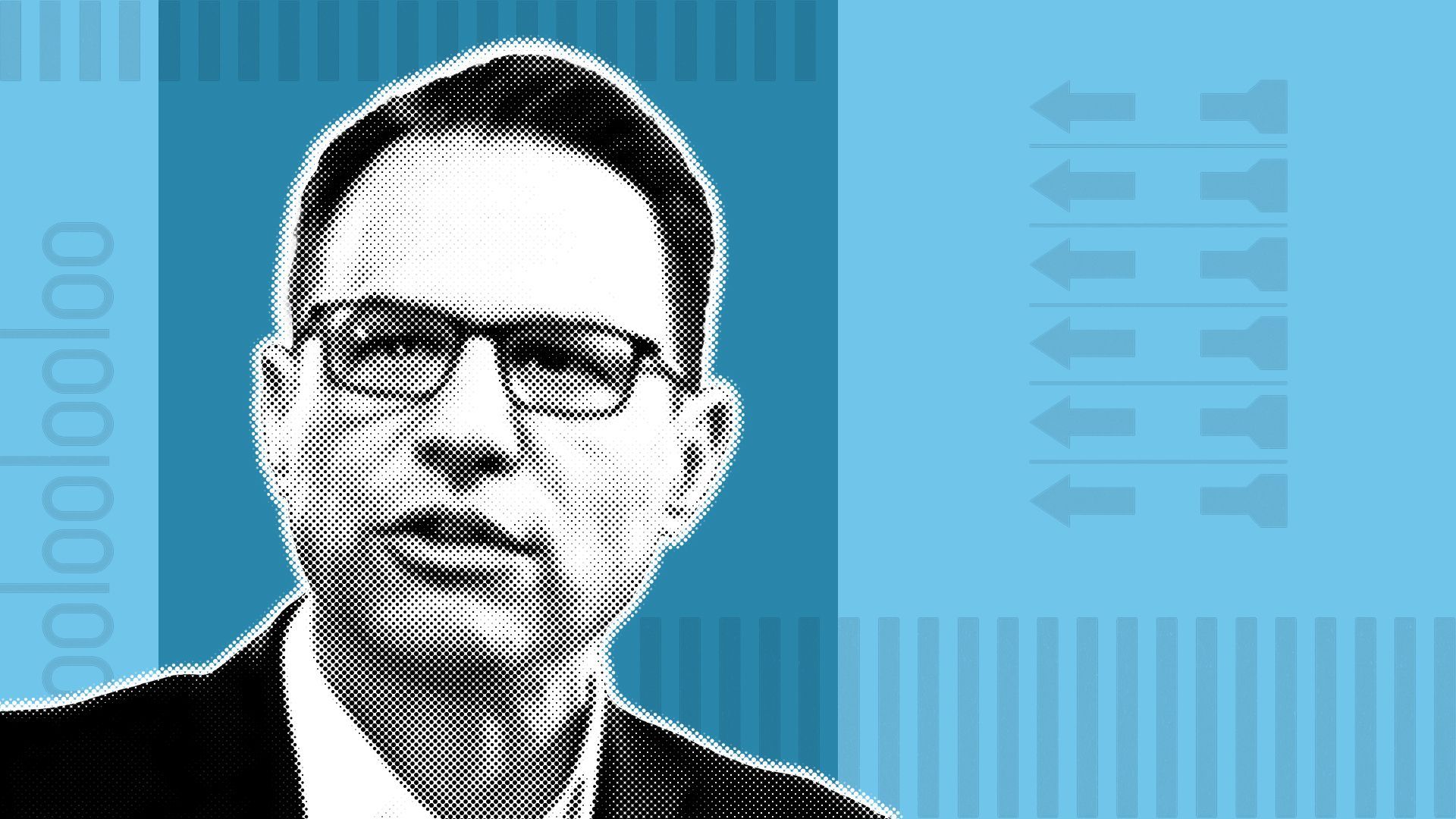 Photo illustration of Josh Shapiro on a blue background with elements of ballots.