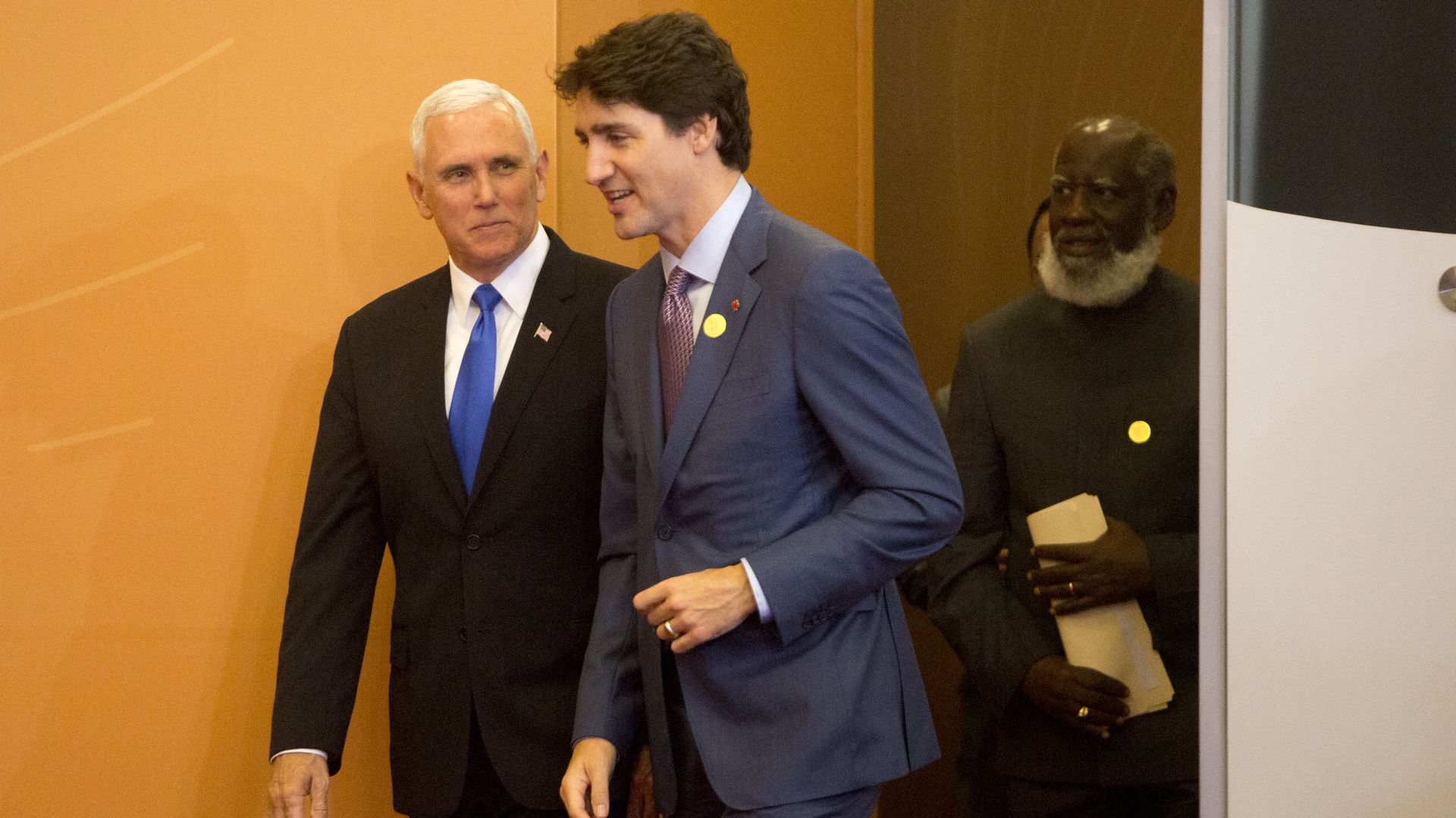   US Vice President Mike Pence and talks with President of Canada Justin Trudeau in 2018.