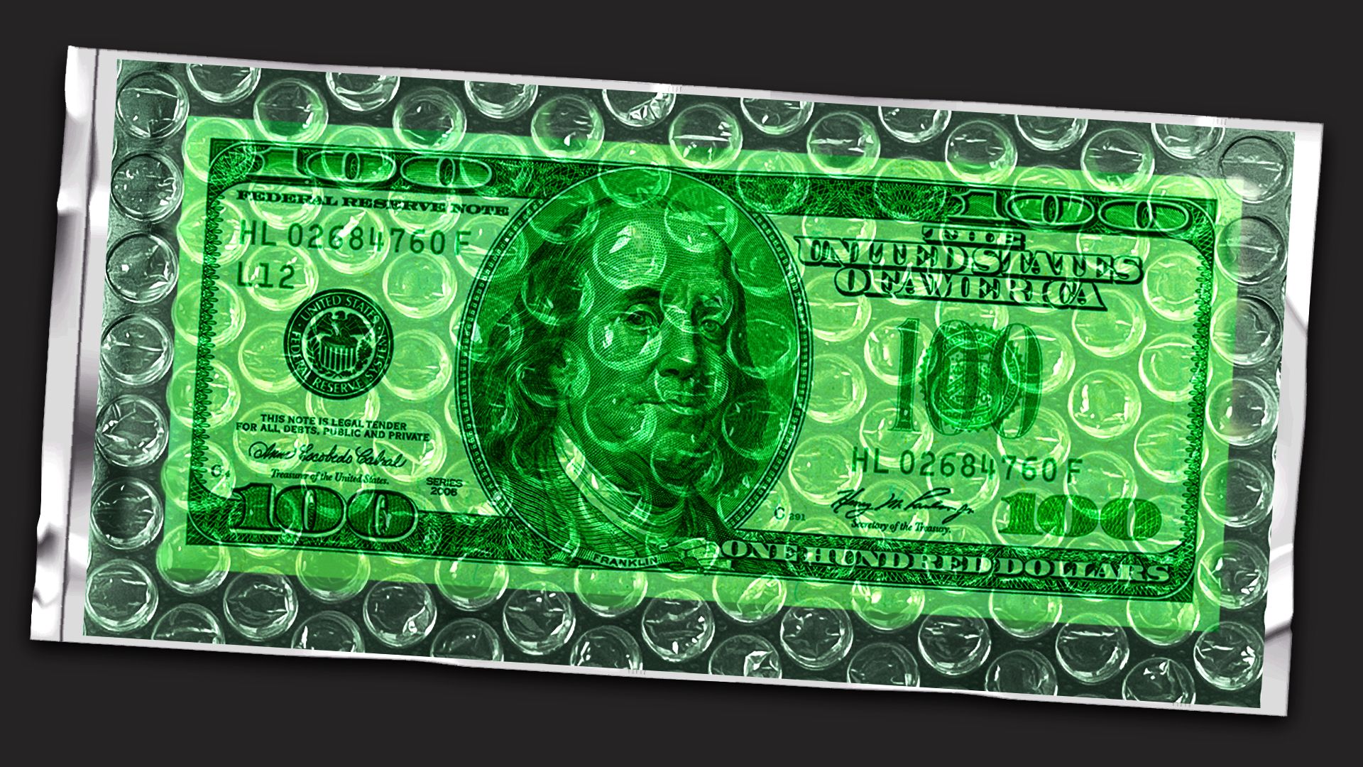 Illustration of a one hundred dollar bill sealed inside a bubble wrap envelope
