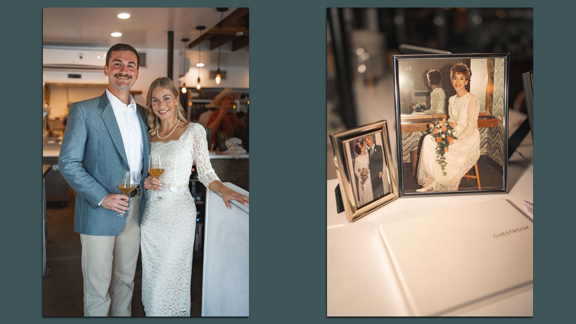 Couple dressed in vintage-style formal clothes holding wine glasses in a warmly lit room. Next to them, a table with framed wedding photos of a bride in lace and a groom, plus a guestbook.