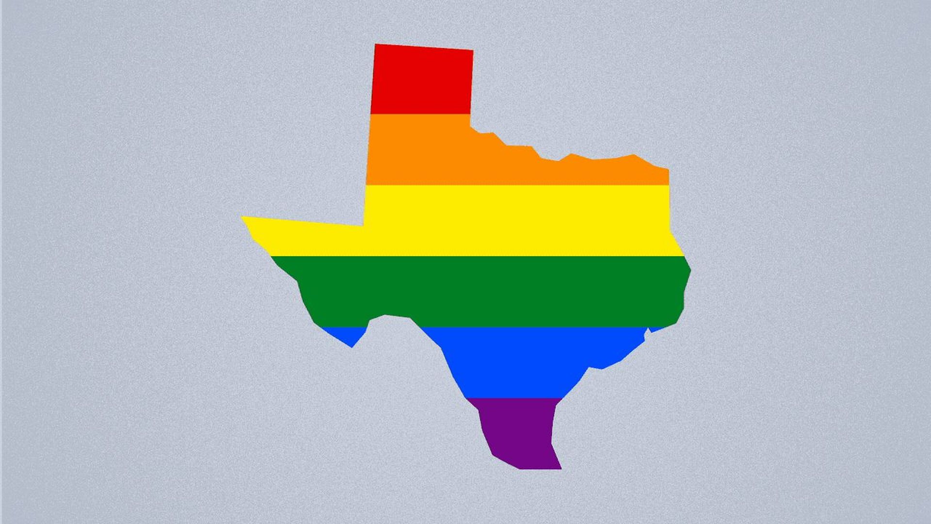 Illustration of the state of Texas with the LGBTQ Pride Flag colors in it.