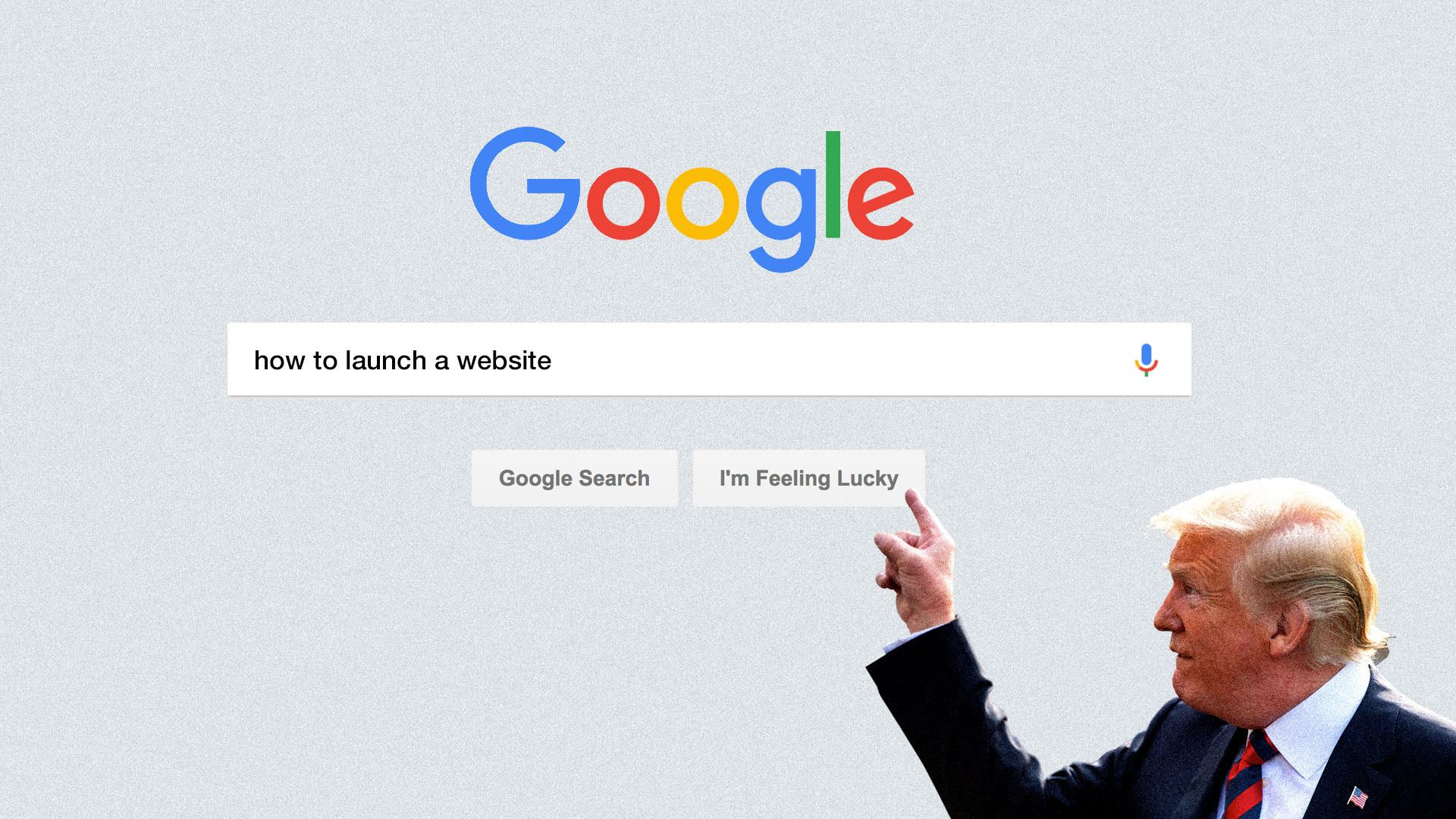 Illustration of Google search bar with “How to launch a website” and Trump pointing to button.