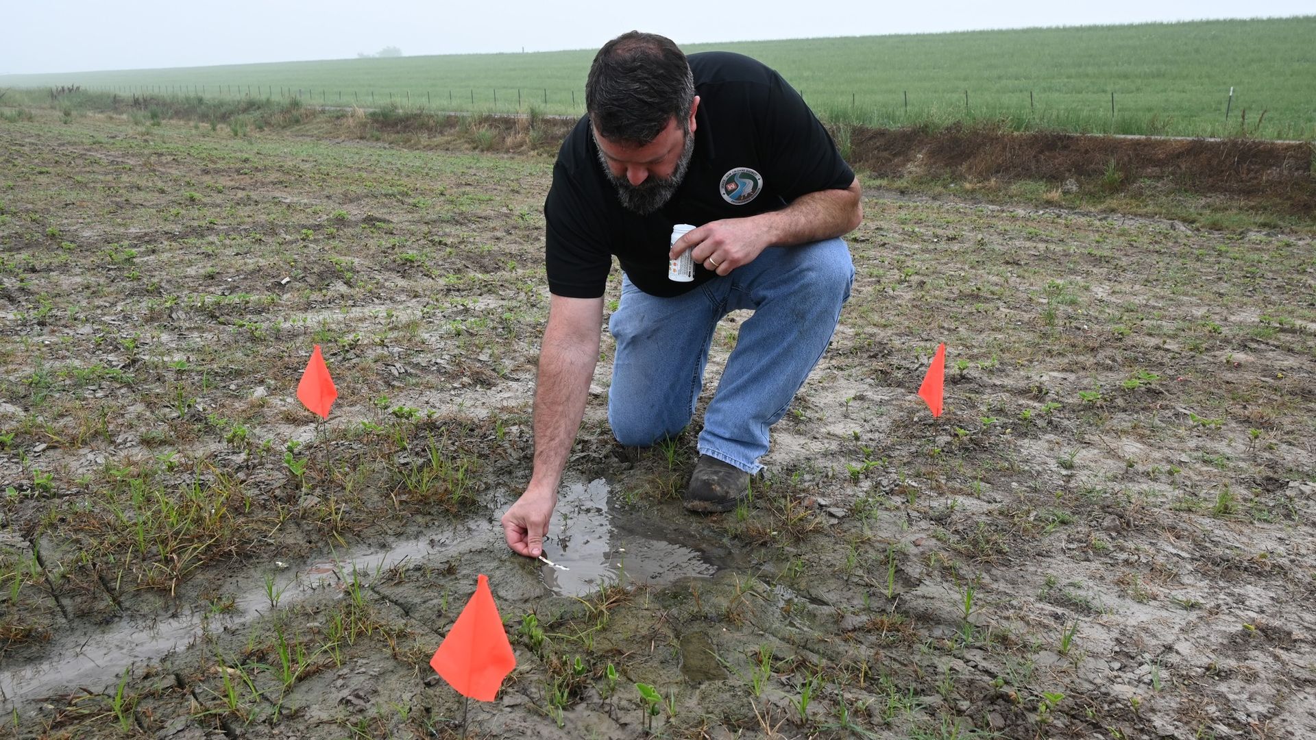 Image shows a man kneeling in the mud by the levee and testing the water marked with orange flags.