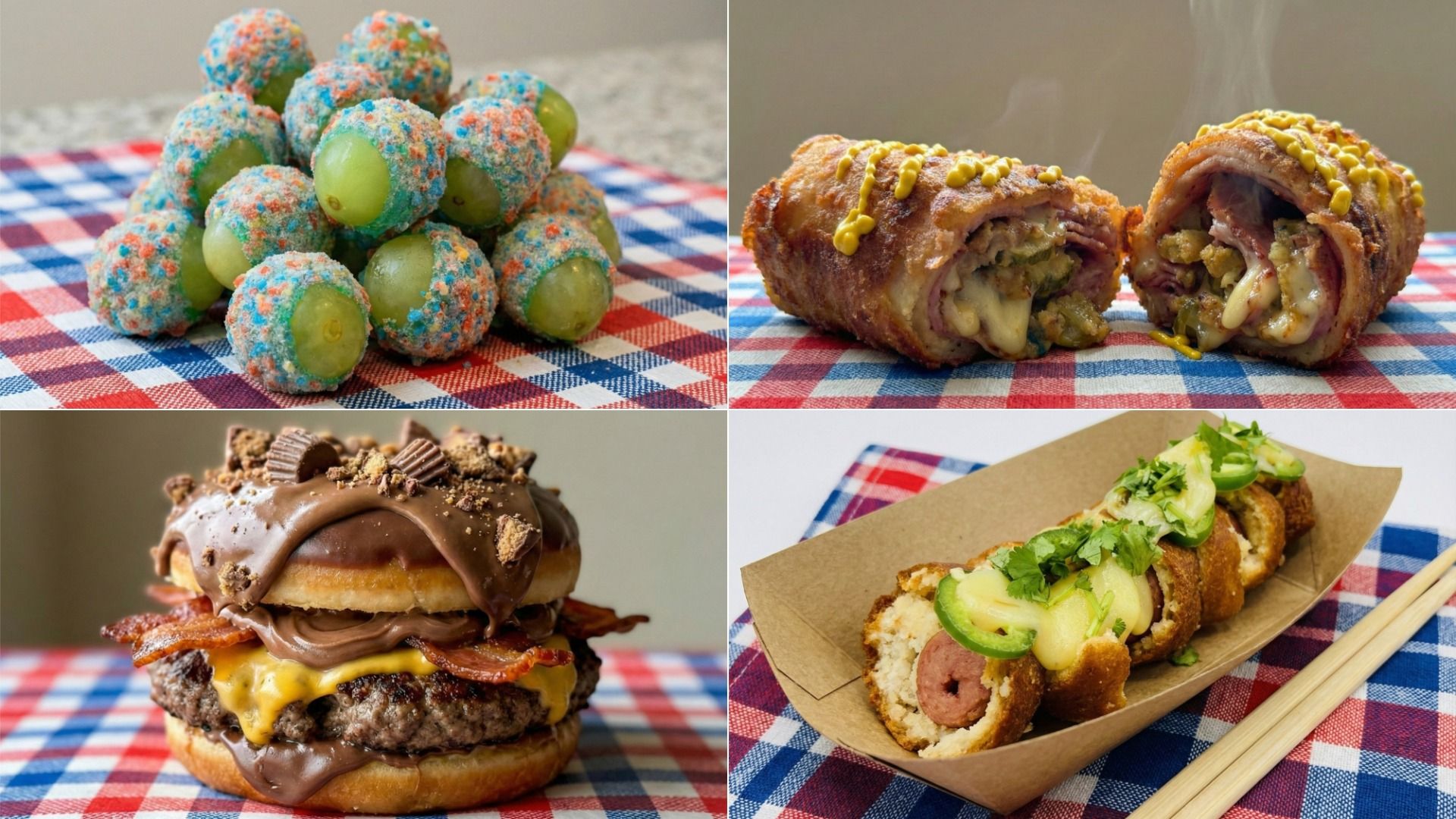 Top left: green grapes coated in crushed candy. Top right: two halves of a stuffed, breaded & fried roll topped with mustard. Bottom left: burger with bacon, cheddar & chocolate on a donut bun. Bottom right: fried corn dog slices topped with cheese, jalapeños & cilantro, served with chopsticks.