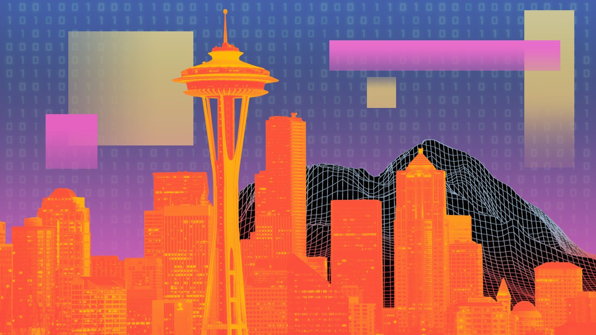 Illustration of the Seattle skyline with a grid-like Mountain Rainer in the background and binary code in the sky with various rectangular shapes