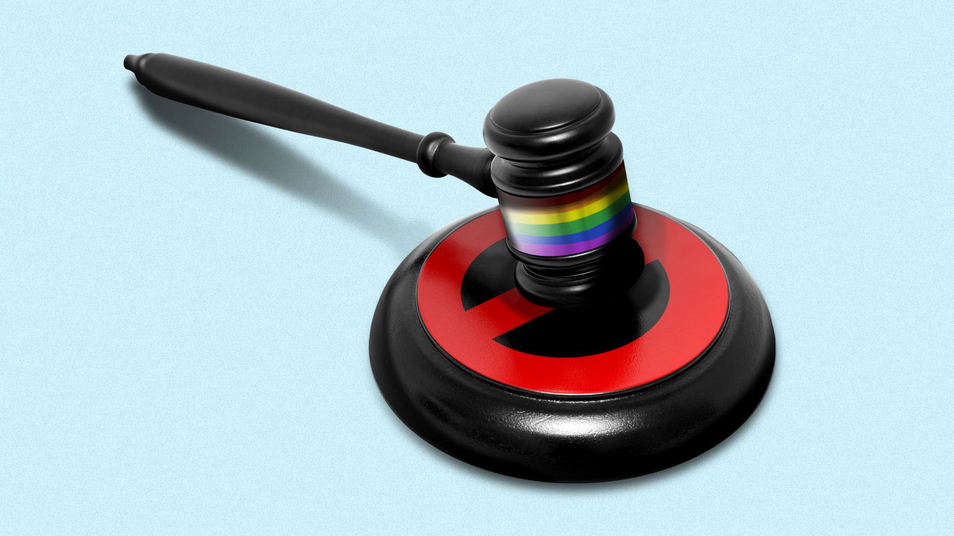 Illustration of a judge's gavel with an LGBTQ flag on it, on top of gavel block with the "no" symbol on it