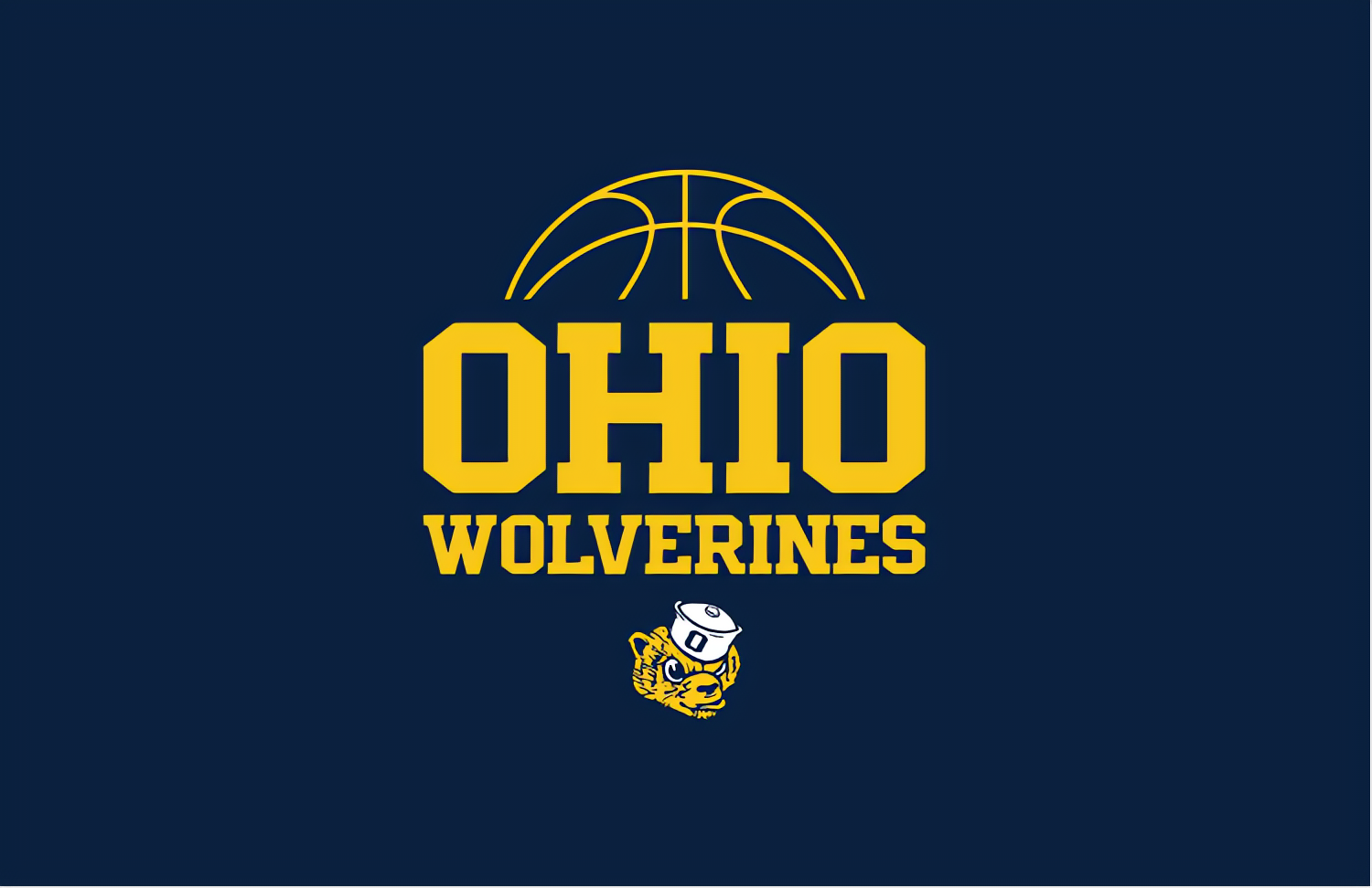 Dark navy background with large yellow OHIO above WOLVERINES; a yellow basketball arc sits over the text, and a small yellow wolverine mascot with a white cap appears below.