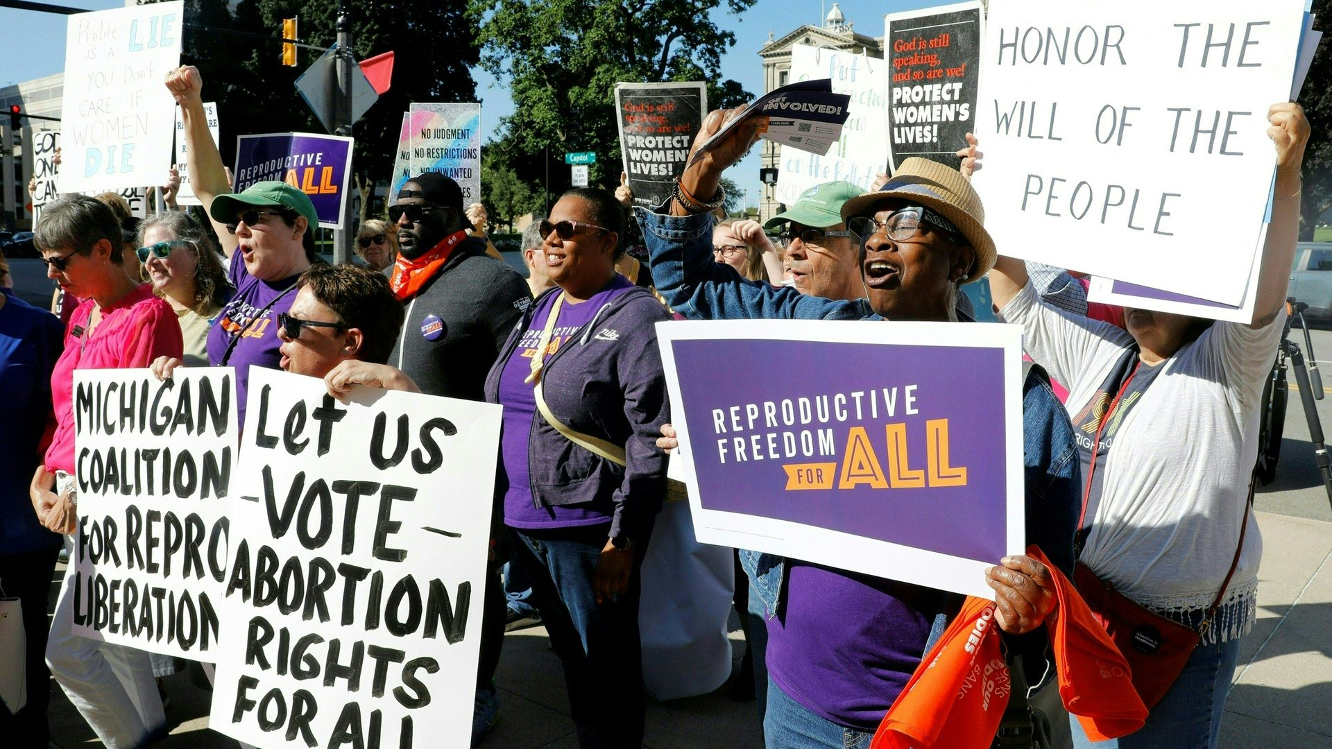 Pro-choice supporters gather outside the Michigan State Capitol during a "Restore Roe" rally in Lansing, on Sept. 7. Photo: Jeff Kowalsky/AFP via Getty images