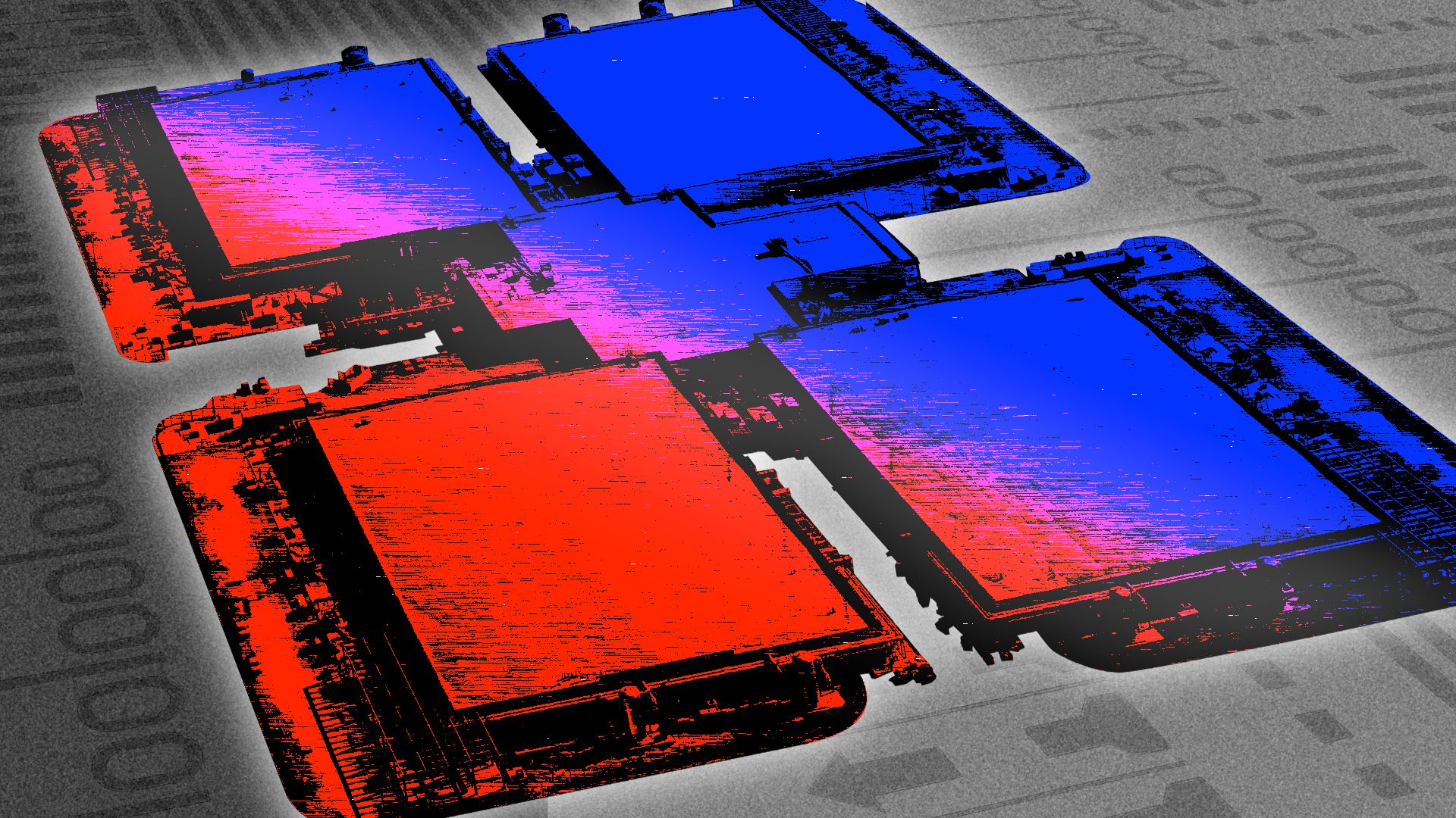 Photo illustration of a glowing data center rendered in primary colors and a static pattern over a divided grayscale background with elements of ballots.