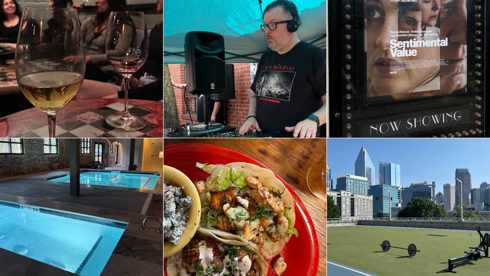 Collage: wine glasses at a restaurant; DJ at a mixer; "Sentimental Value" poster; brick pool hall; plated chicken with greens; city skyline; indoor pool; another dish; outdoor field with weights.