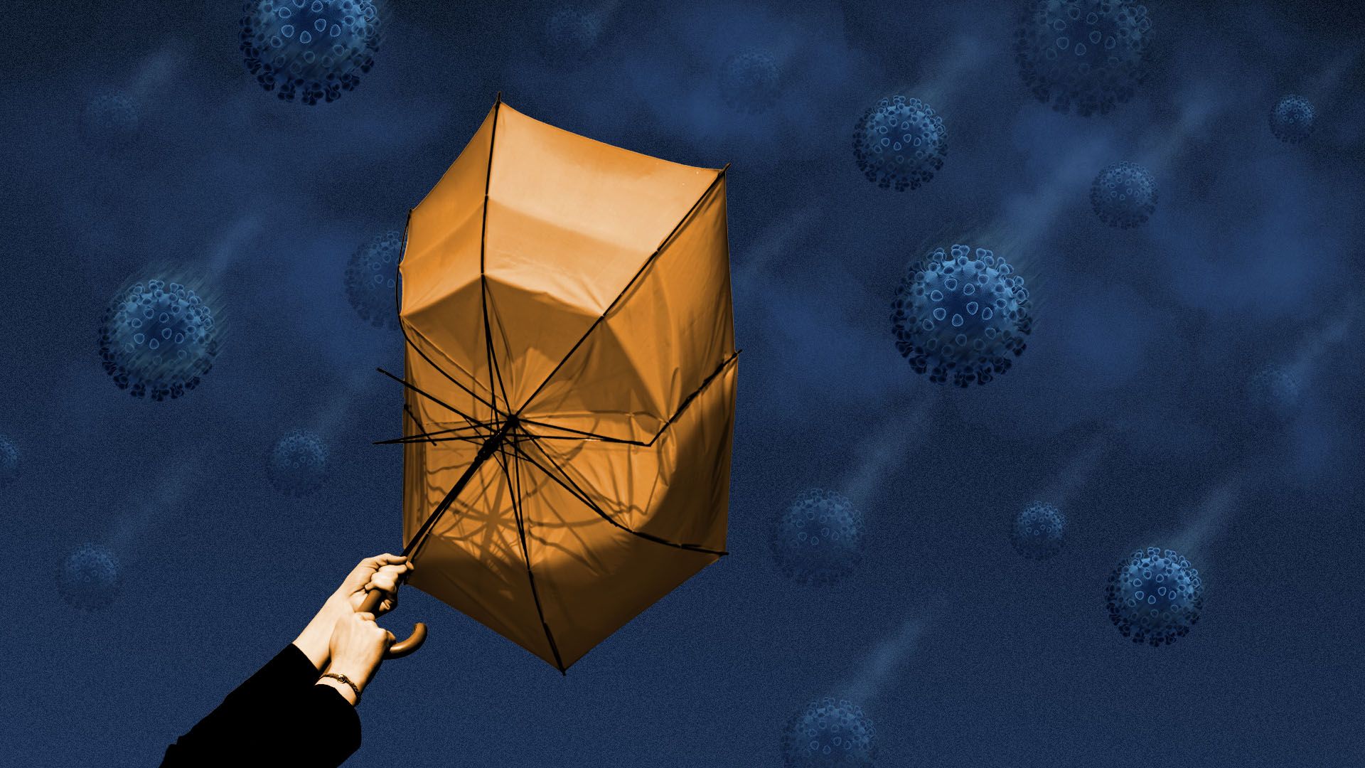 Illustration of a person with a broken umbrella with dark storm clouds raining viruses.