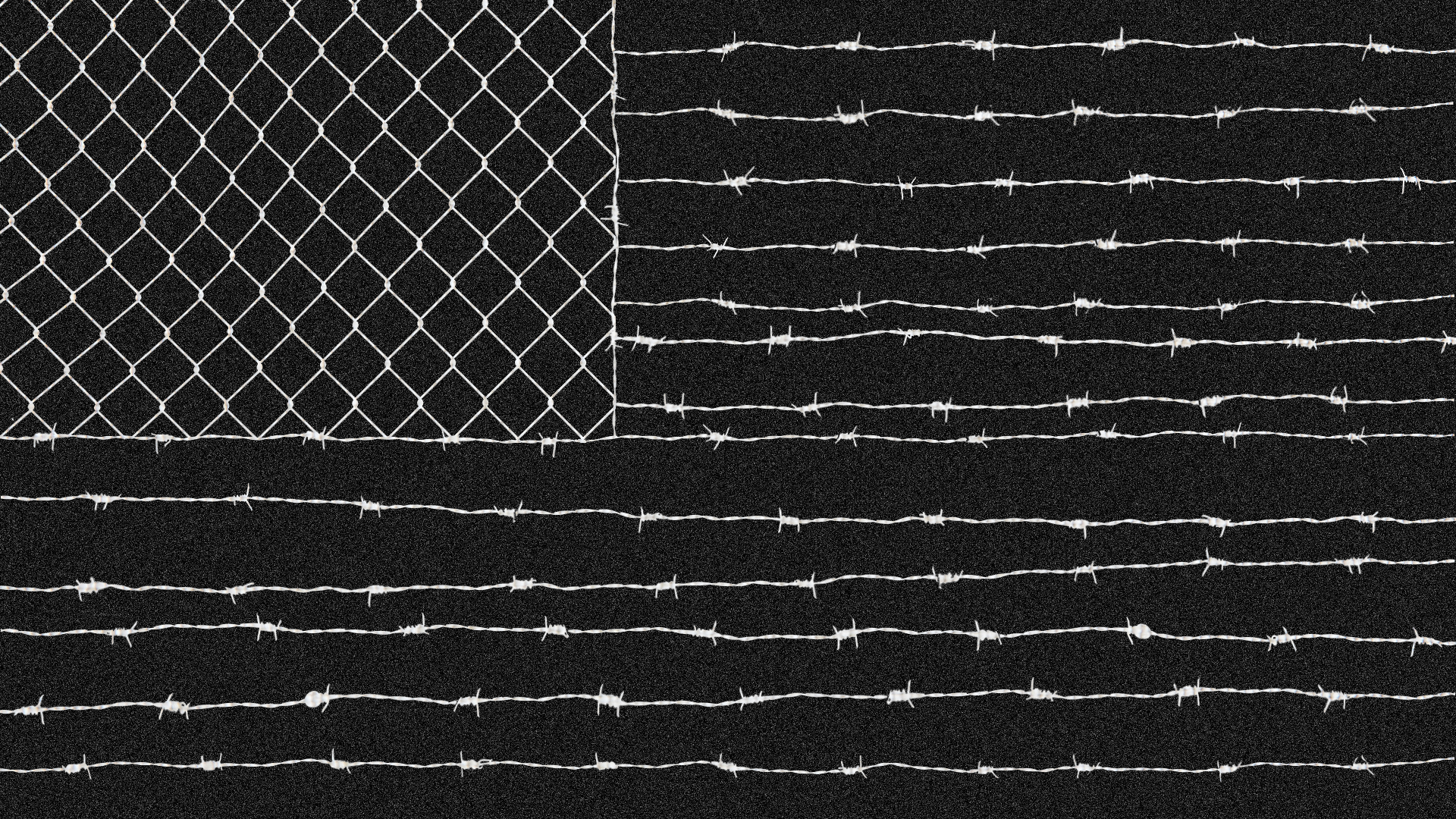 Illustration of an American flag with a chain link fence in the stars area, and barbed wire making up the stripes. 