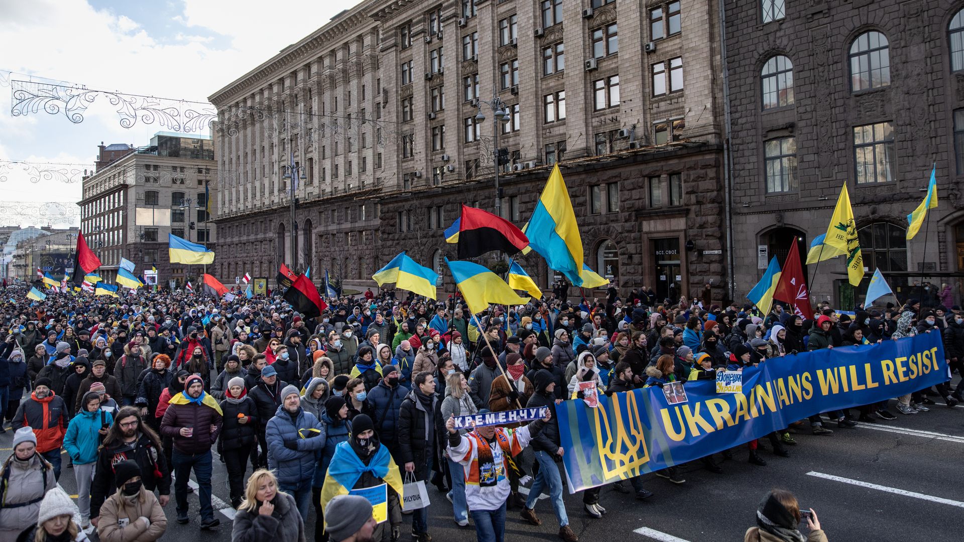 People participate in a Unity March to show solidarity and patriotic spirit over the escalating tensions with Russia on February 12, 2022 in Kiev, Ukraine.