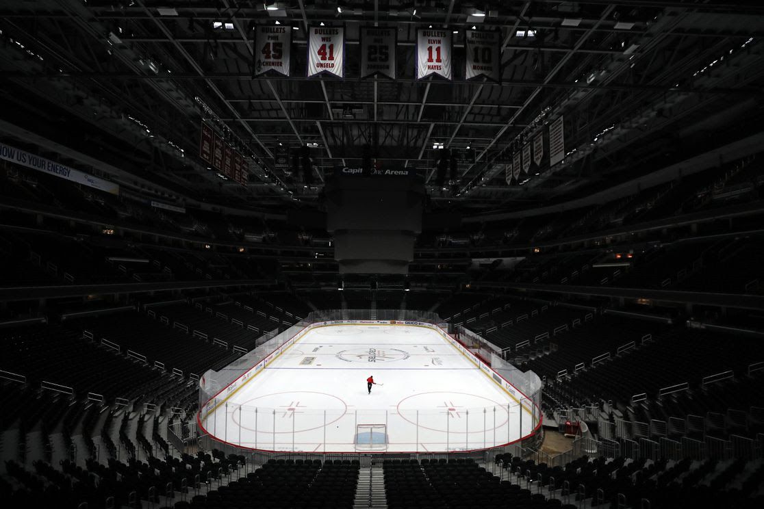 An empty hockey rink.