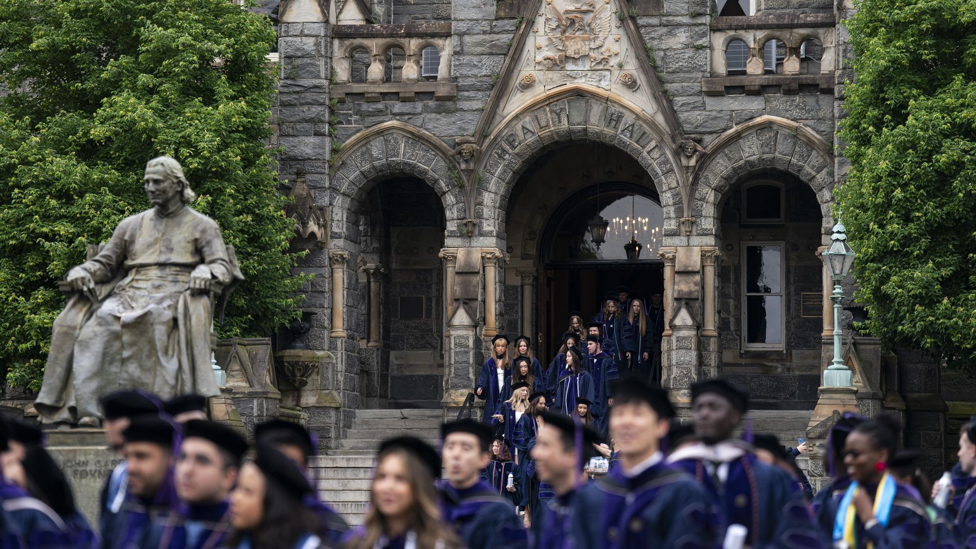 Georgetown University campus as law school graduates line up