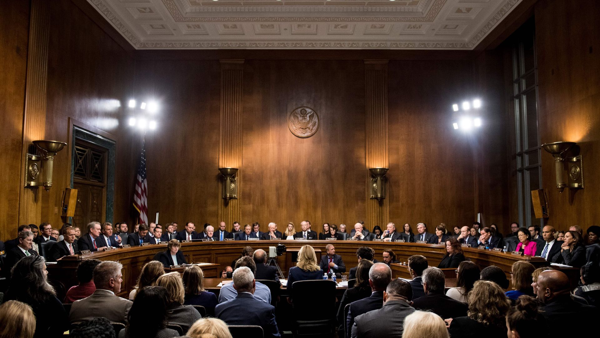 Christine Blasey Ford seated before the Senate Judiciary Committee. 