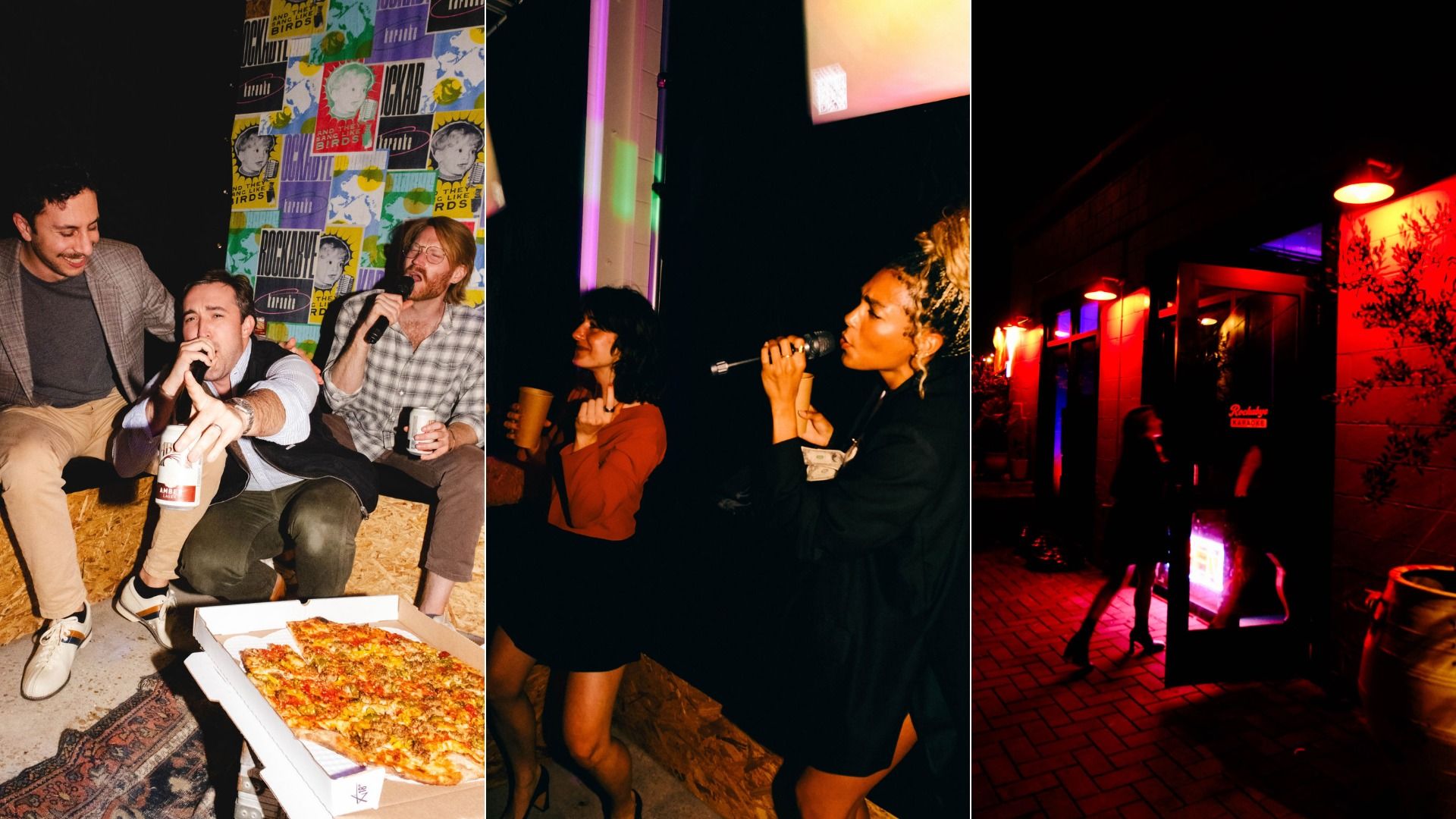 Three images: friends enjoying pizza and drinks indoors with colorful posters, two women singing karaoke with drinks at night, and a neon-lit bar entrance with people entering under red and purple lights.