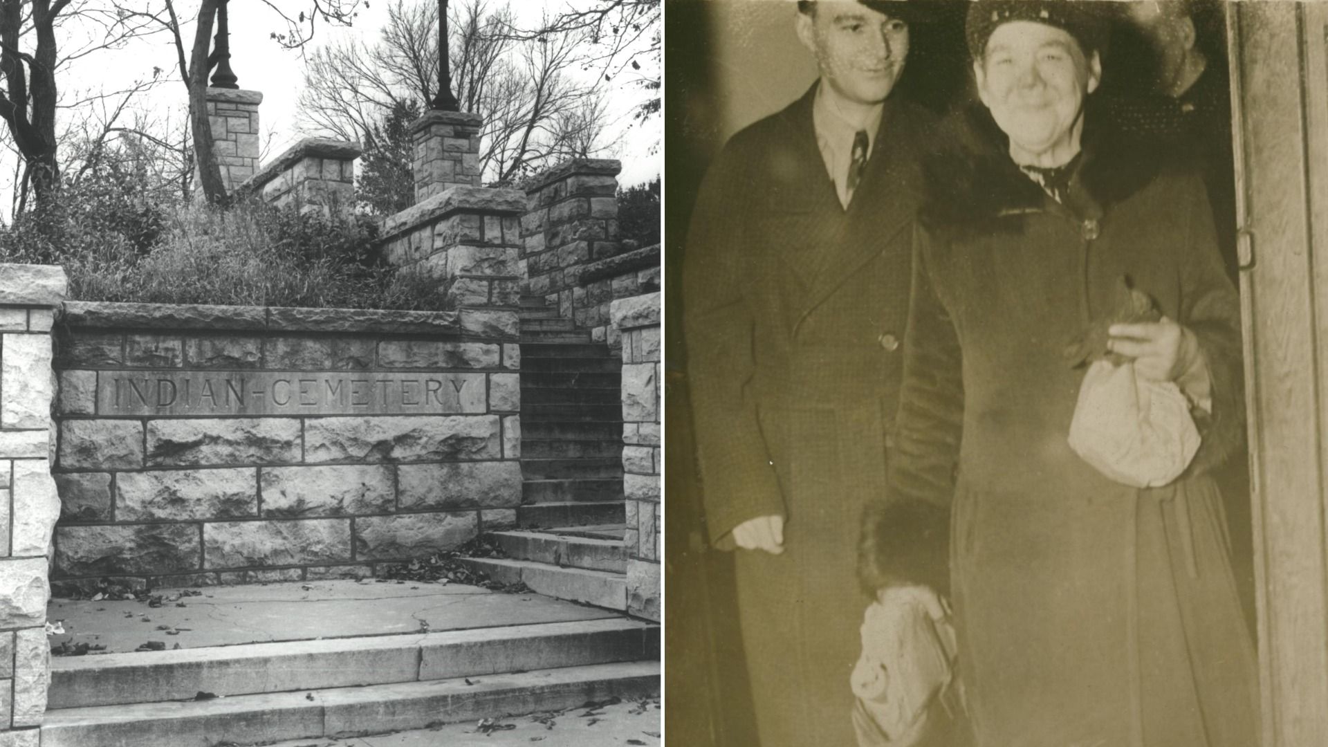 Split image: left shows a stone cemetery entrance with steps and a sign reading "INDIAN-CEMETERY"; right shows an elderly couple in vintage clothing posing, the woman holding a small bag.