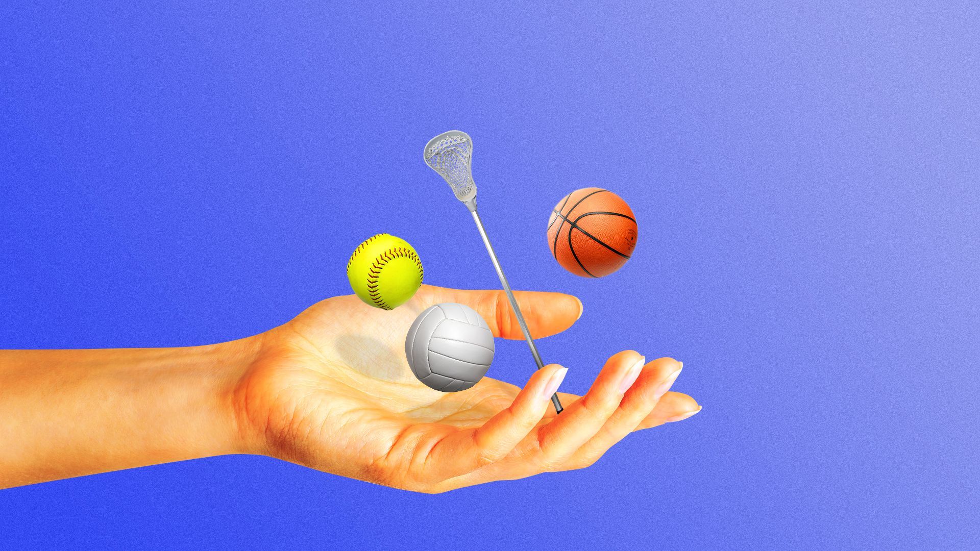 Illustration of a cupped hand with a softball, volleyball, basketball, and lacrosse stick elevating above.