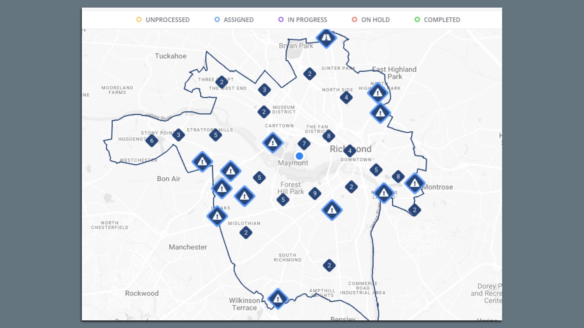 a screen shot of a map of Richmond with requests for ice clearing  