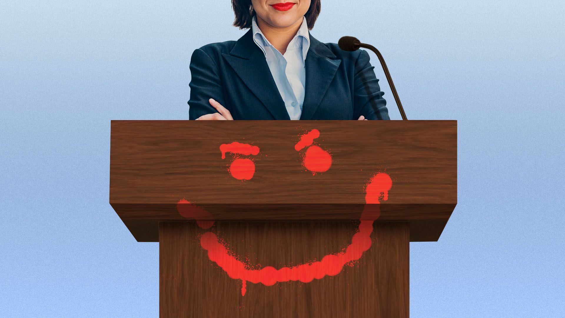 Illustration of a woman standing at a podium with a smiley face spray painted on the front of it