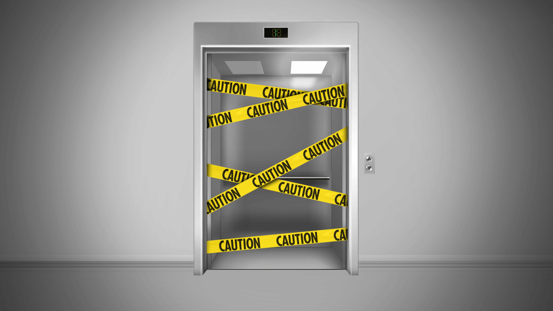 Illustration of an elevator with caution tape. The door is open and the light in the elevator is blinking.