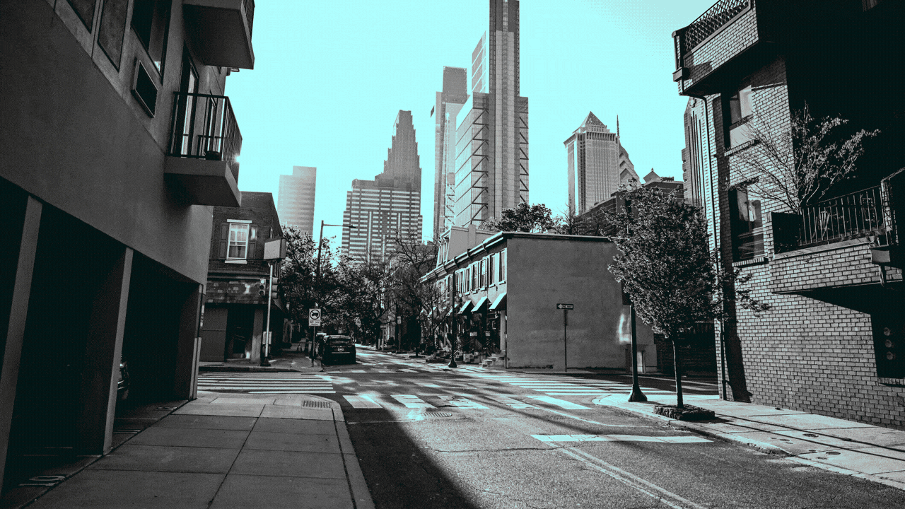 Animated illustration of a broom landing in Center City, Philadelphia, and sweeping the street.