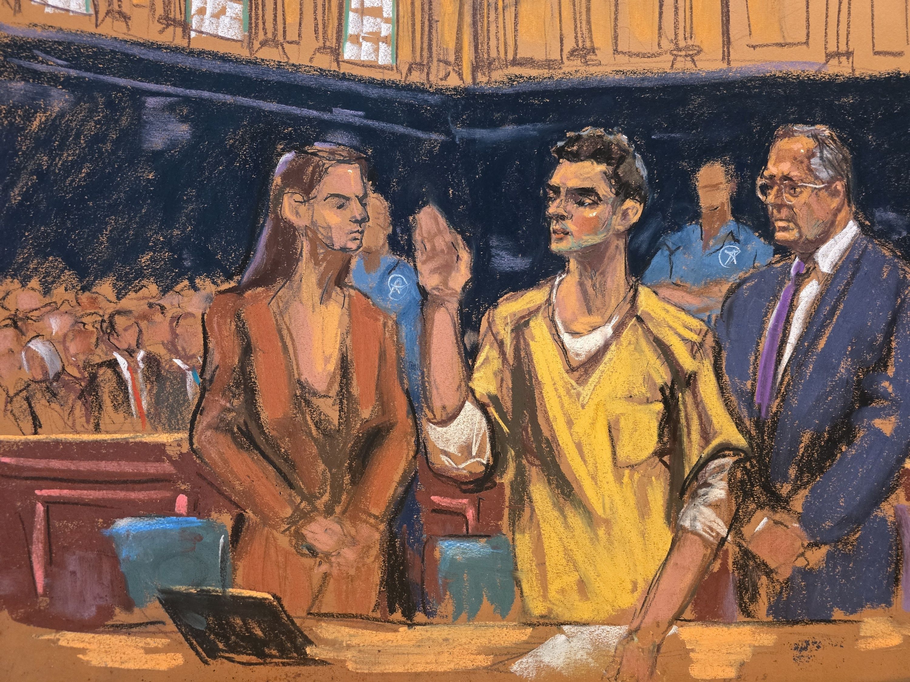 Luigi Mangione stands between his attorneys, Karen Friedman Agnifilo and Marc Agnifilo, in Manhattan Criminal Court today. Courtroom sketch: Jane Rosenberg via AP