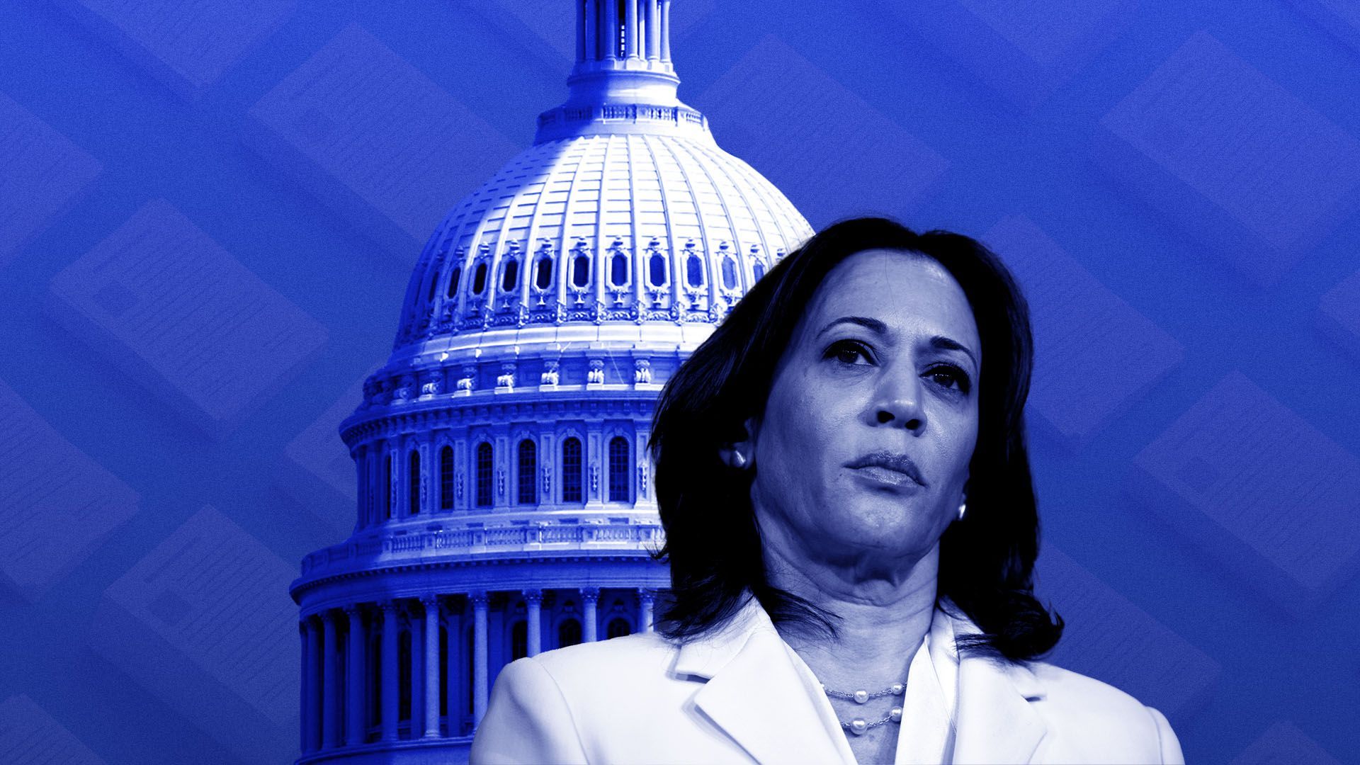 Photo illustration of Kamala Harris Harris in front of the Capitol Dome with a pattern of papers behind her