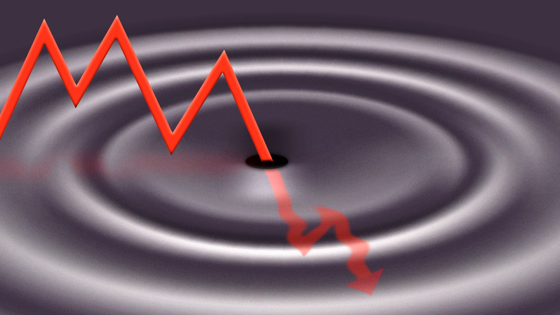 Illustration of a stock trend line falling downward into a hole of rippling shockwaves