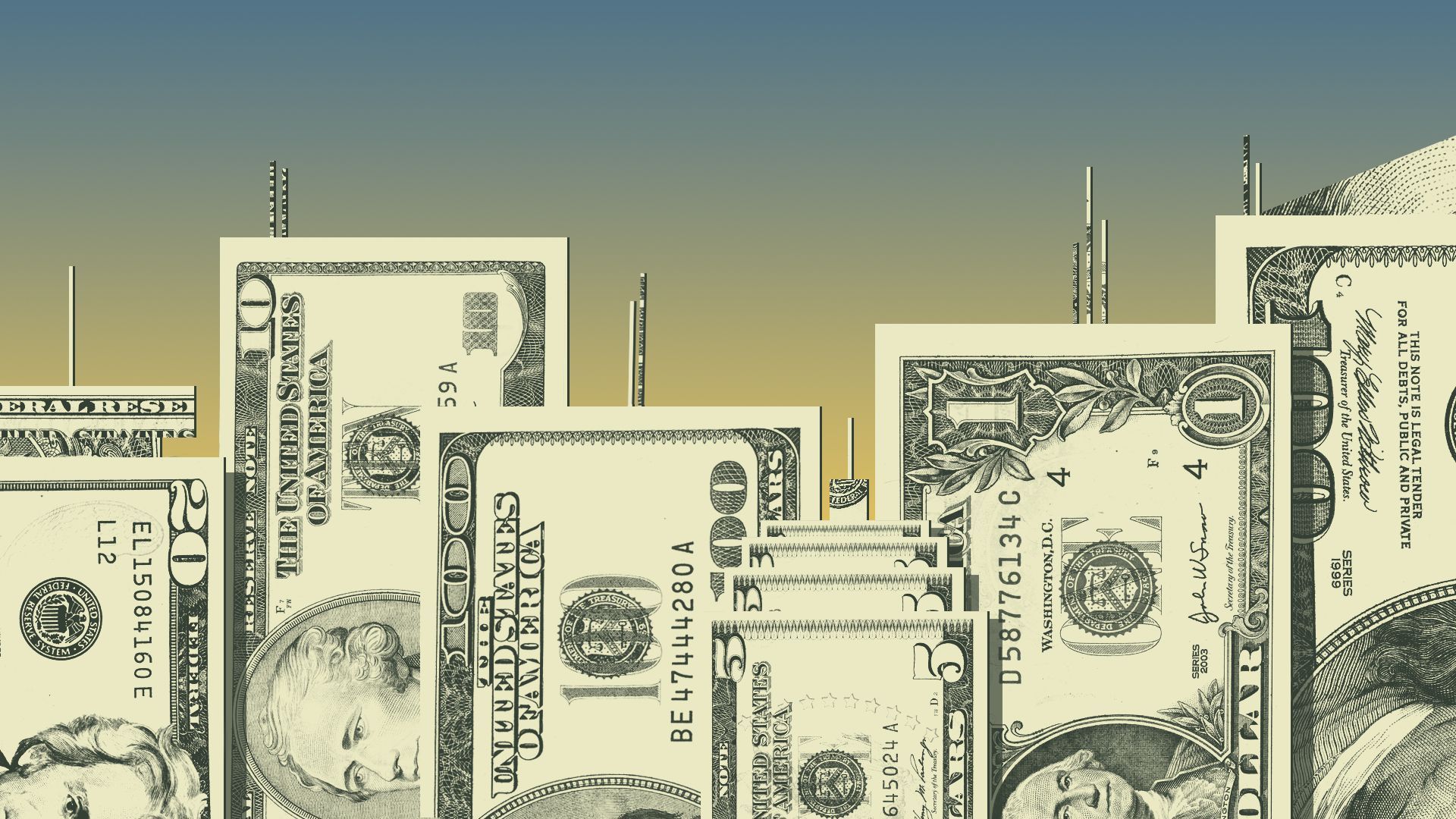 Illustration of a city skyline made of dollars. 