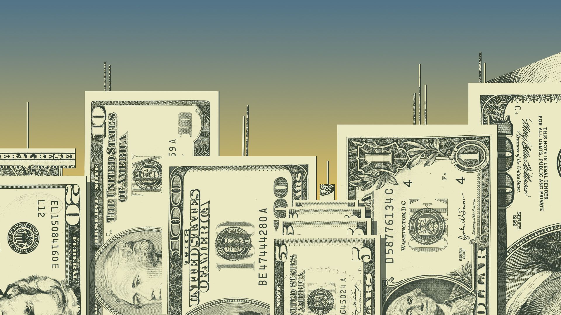 Illustration of a city skyline made of dollars.