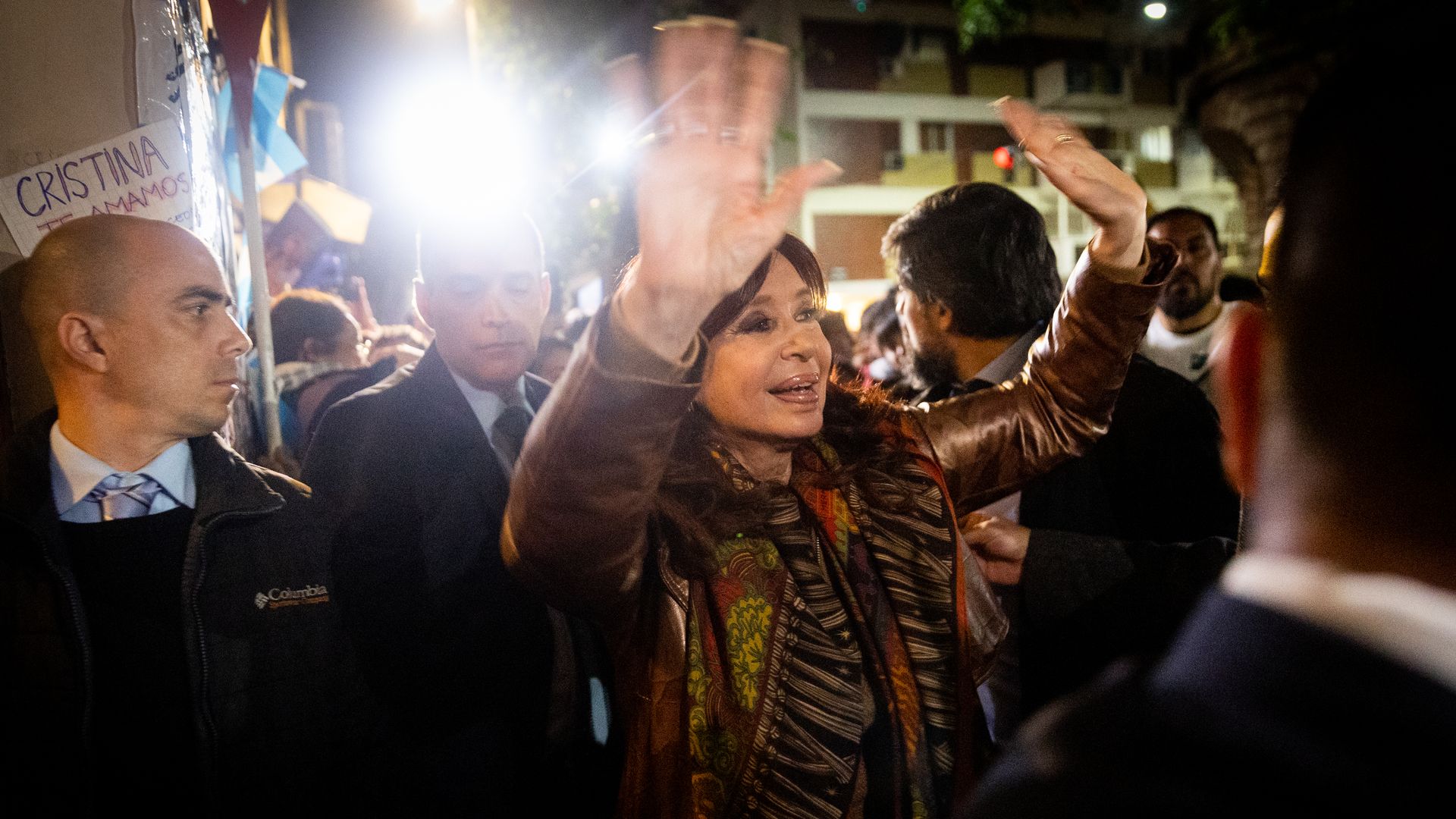 Vice President of Argentina Cristina Fernandez waves to supporters at her home on September 01, 2022 in Buenos Aires, Argentina.