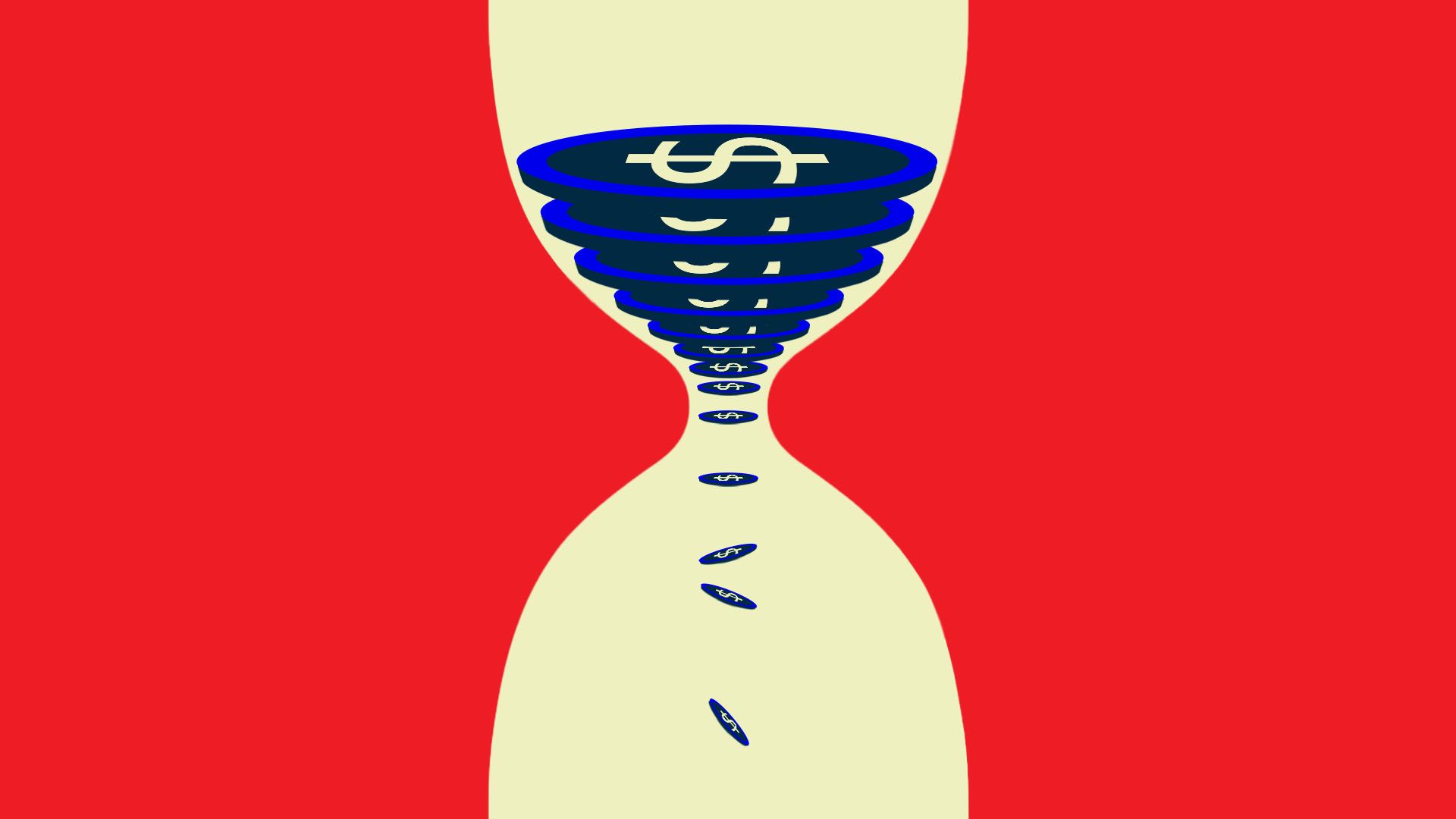 Illustration of coins falling through an hourglass-like shape